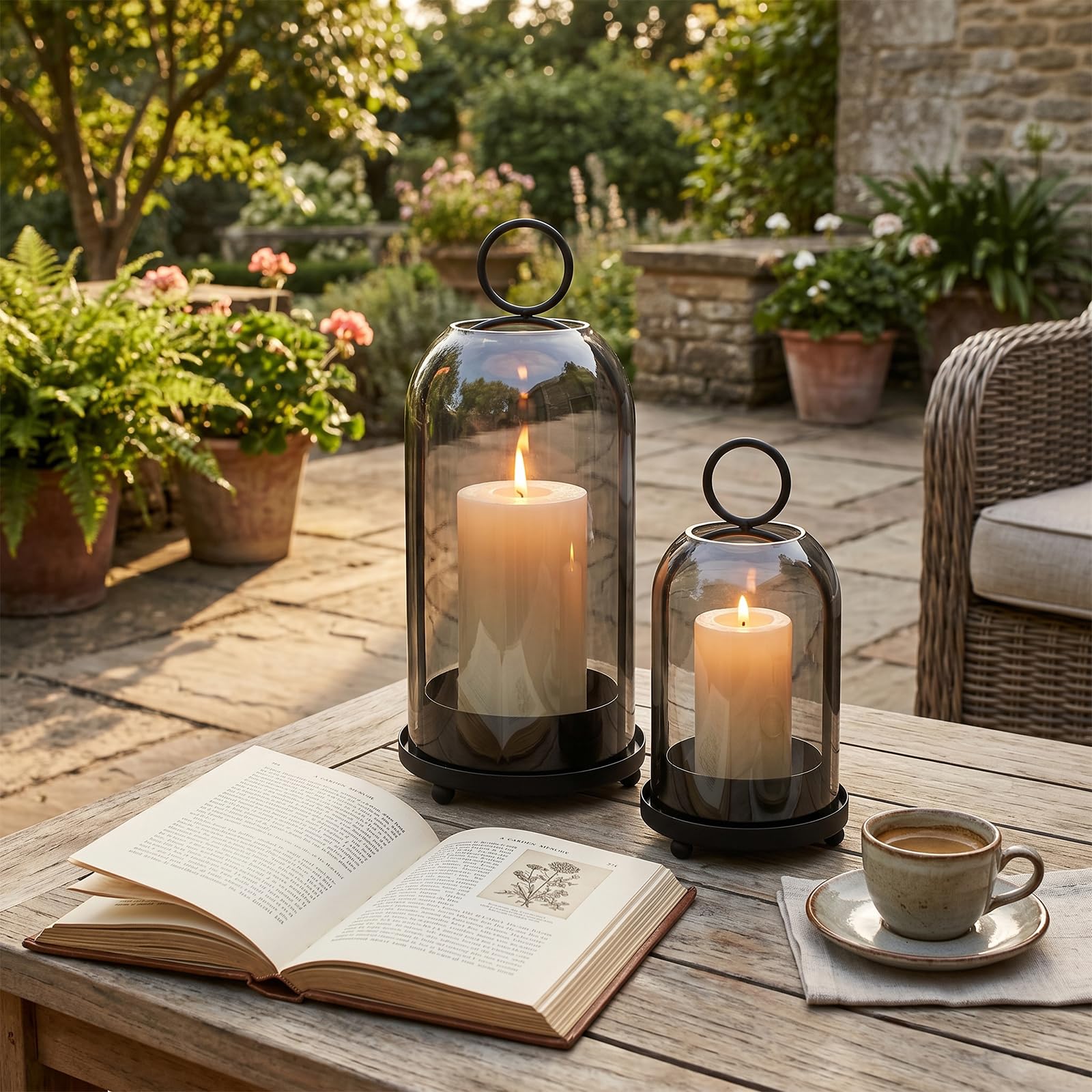 Sziqiqi Windlicht Schwarz mit Rauchglas, 2er-Set, Deko für Wohnzimmer
