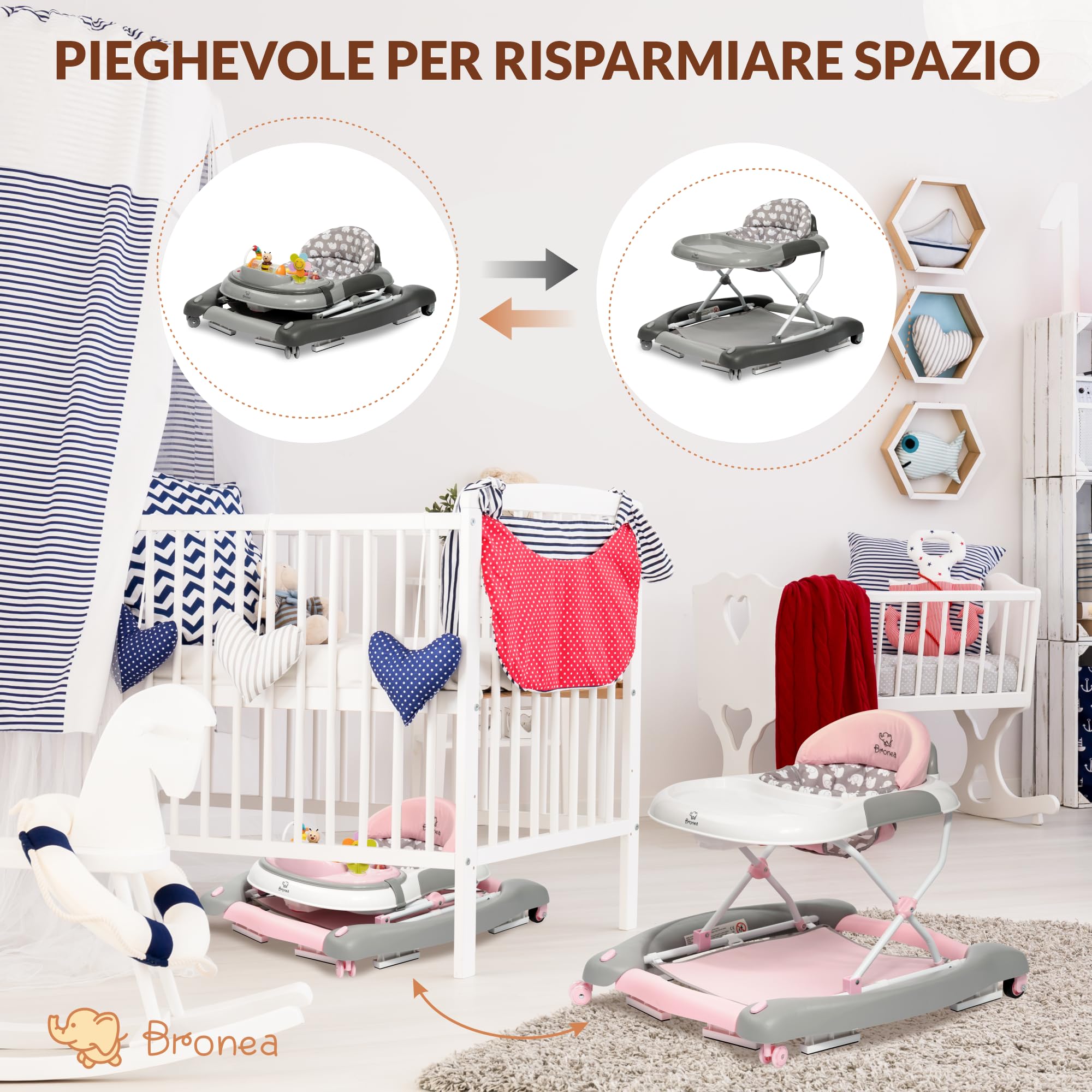 Girello 4-in-1 per Bambini con funzione altalena e pannello di gioco con musica | Regolabile in altezza e pieghevole | Con ruote silenziose e freno