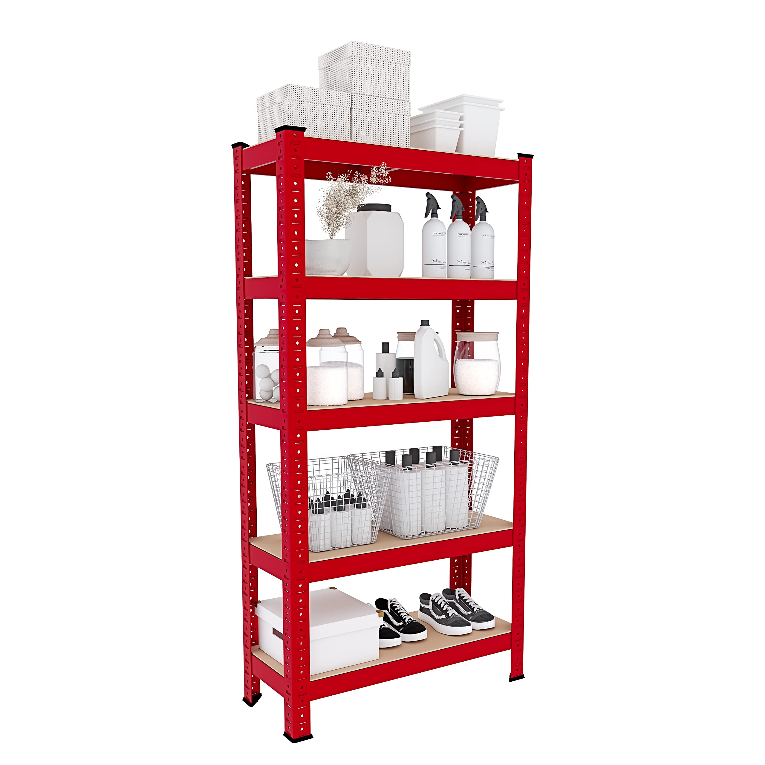 Bricozone Scaffale In Metallo E MDF Con 5 Ripiani Regolabili Scaffale Ad Alta Portata Fino a 875 kg 150 x 75 x 30 cm Ideale Per Garage Officina Cantina Capannone Magazzino Design Modulare (Red)