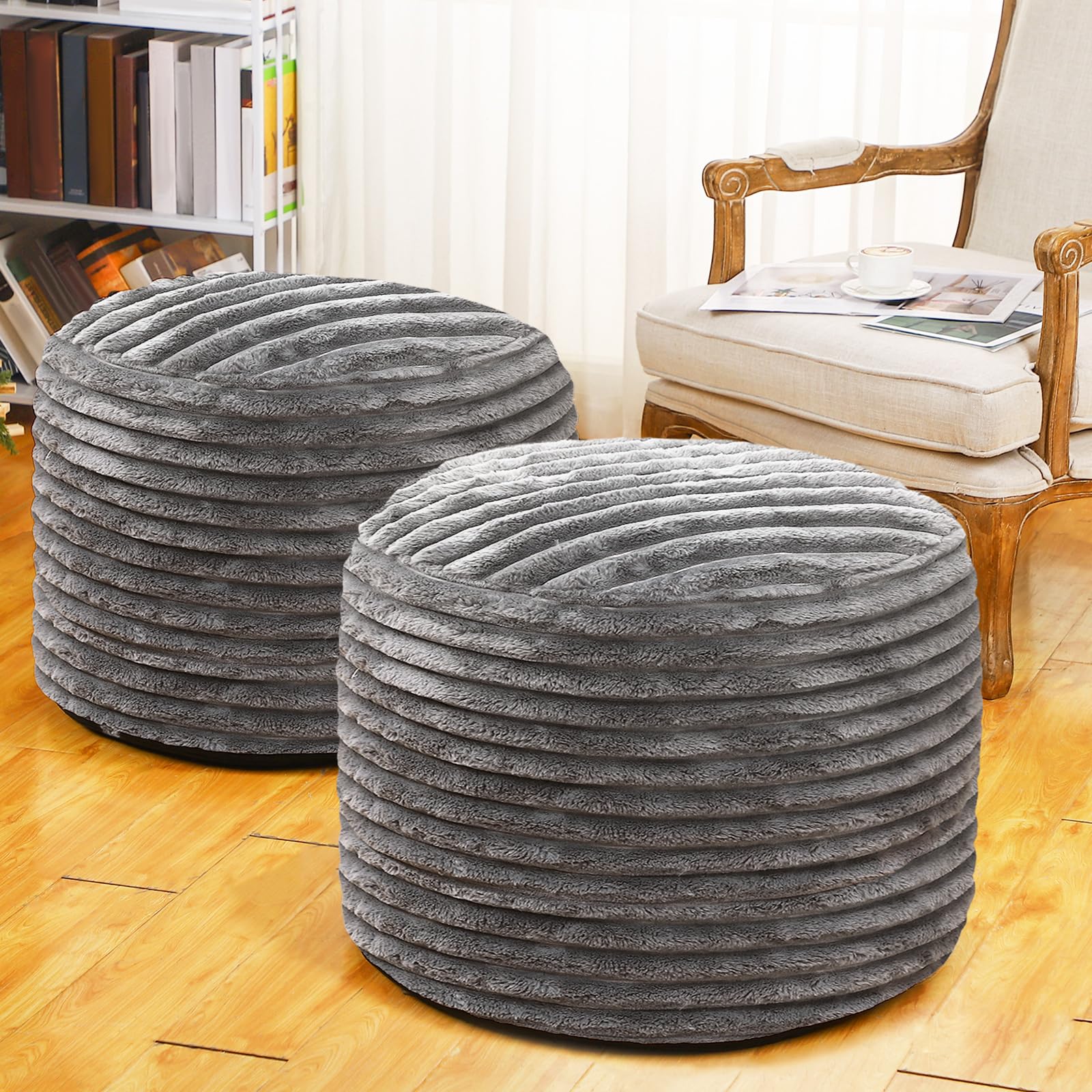2 Pcs Unstuffed Pouf Cover Ottoman Foot Rest Faux Rabbit Fur Foot Stool Floor Bean Bag Floor Chair Storage for Living Room Bedroom Home Decor, No Filler(Gray,26 x 18 in)-image-1