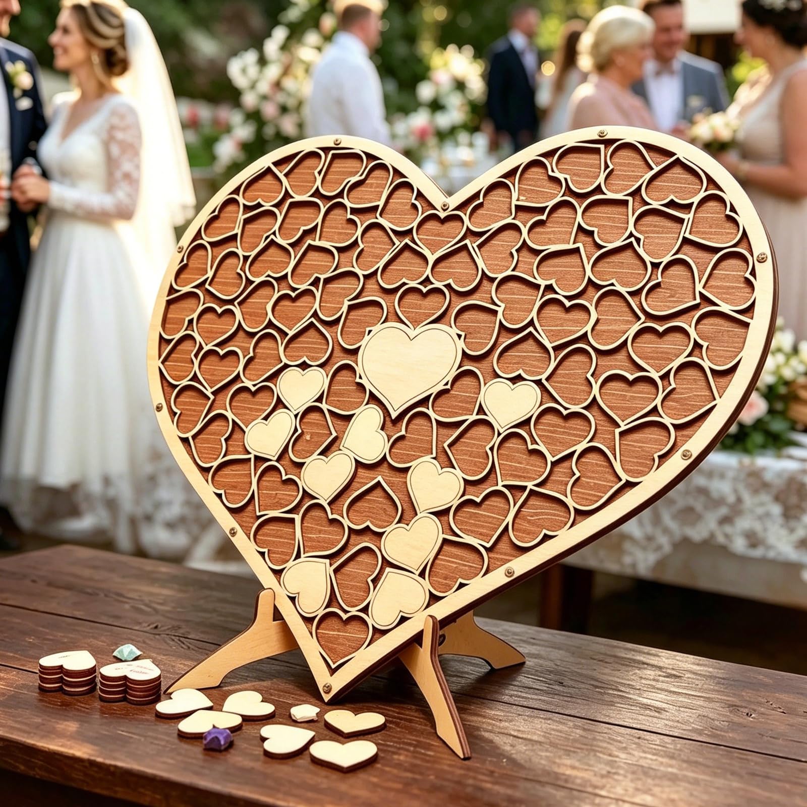 Libro de visitas de boda, libro de visitas de madera con 84 corazones y base de madera, personalizado, forma de corazón, libro de visitas alternativo, libro de visitas de boda, para fiestas