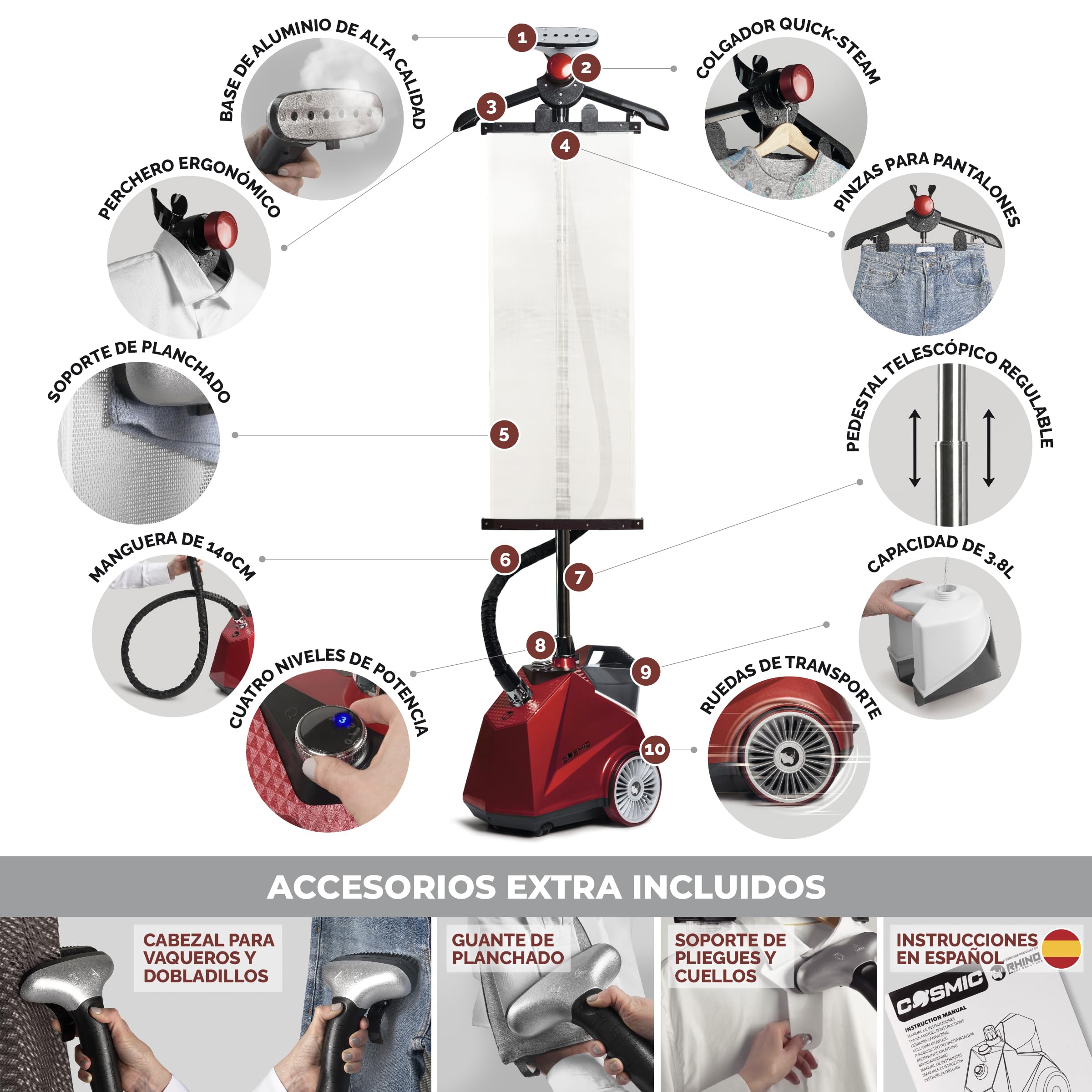 RHINO COSMIC Défroisseur Vetement Vertical du Vapeur 2350W 50 gr/min (4 Niveaux de Puissance) Autonomie 75min (3800ml) - Prêt en 60s - Brosse à Charpie et Accessoires Inclus