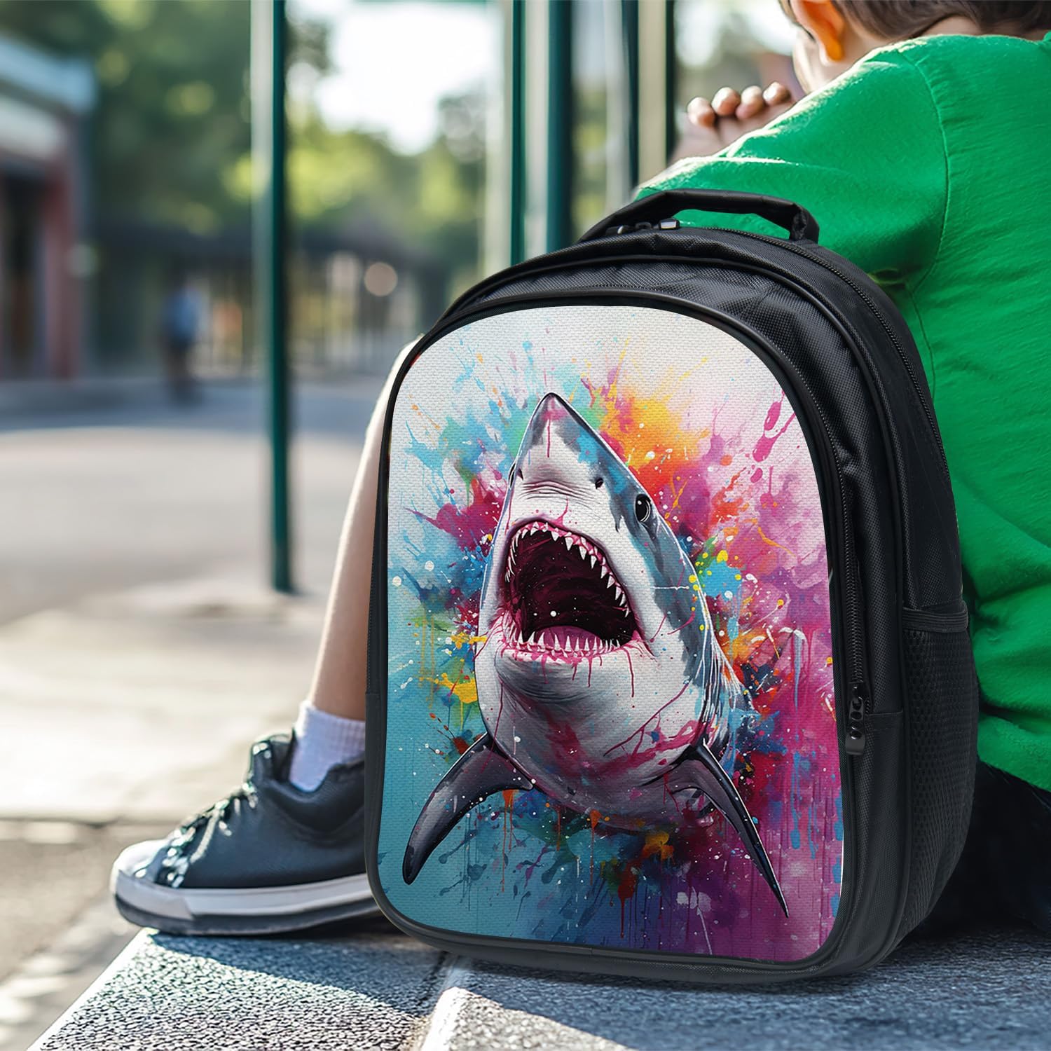 Shark School Backpack for Teens Kids Kindergarten Elementary Middle School Ocean 3-Pcs Bookbag, Shark Back Pack for Boys Girls Children Animal Book Bag, Small Modern Bag