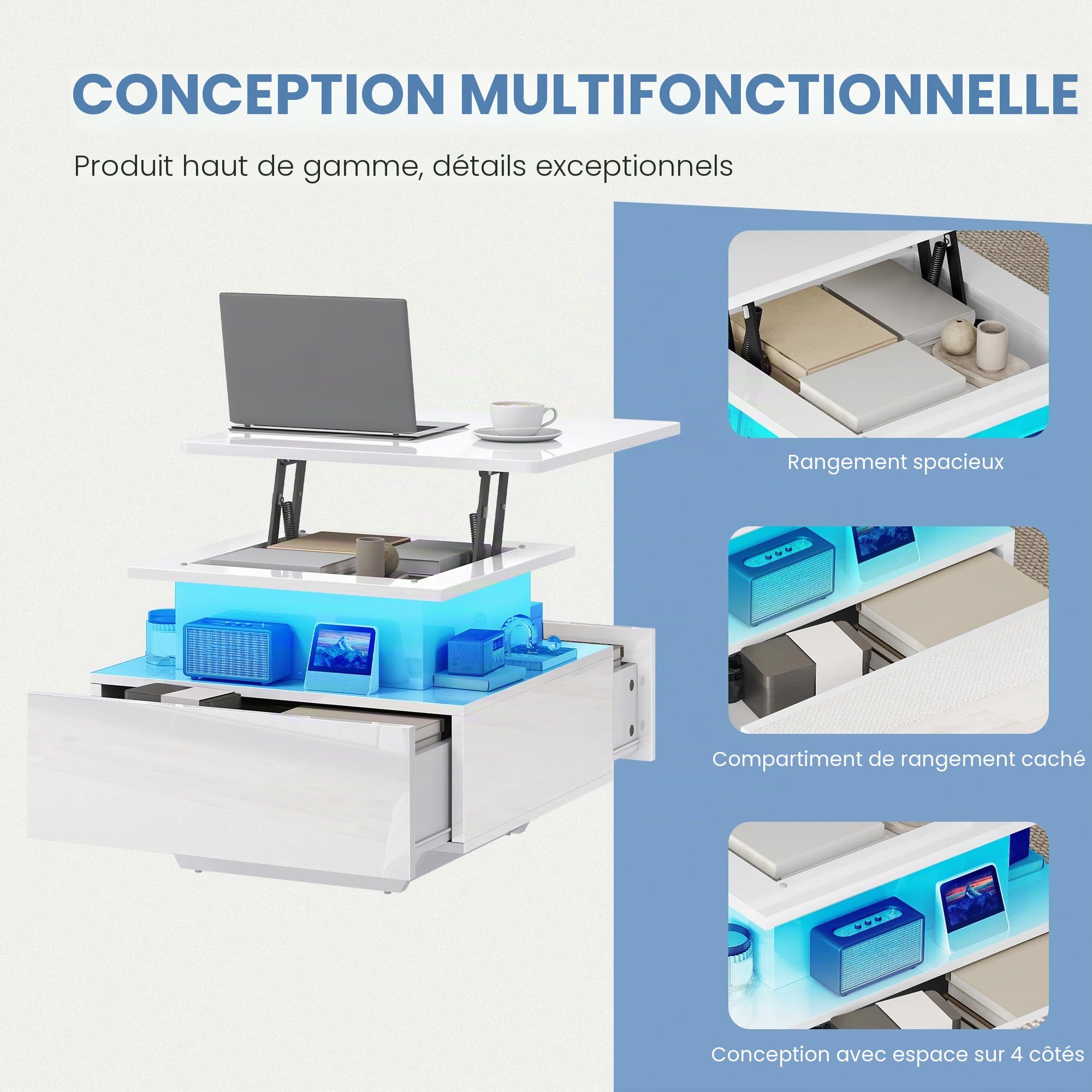DWVO Table Basse avec LED, Hauteur Réglable, Blanc Laqué Moderne, avec Rangement et Tiroirs pour Salon, 60x60x45-58 cm