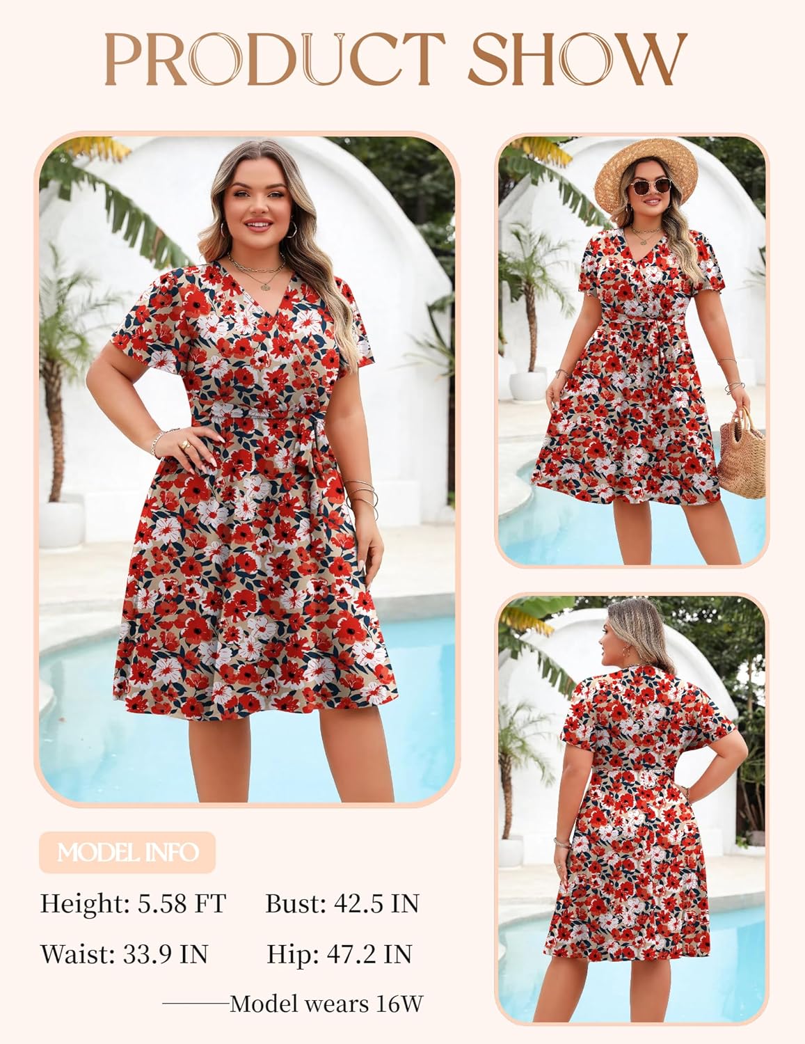IN'VOLAND Women's Plus Size V Neck Knee Length Dress Casual Floral Dresses Summer Short Sleeve Sundress with Pockets - Image 4