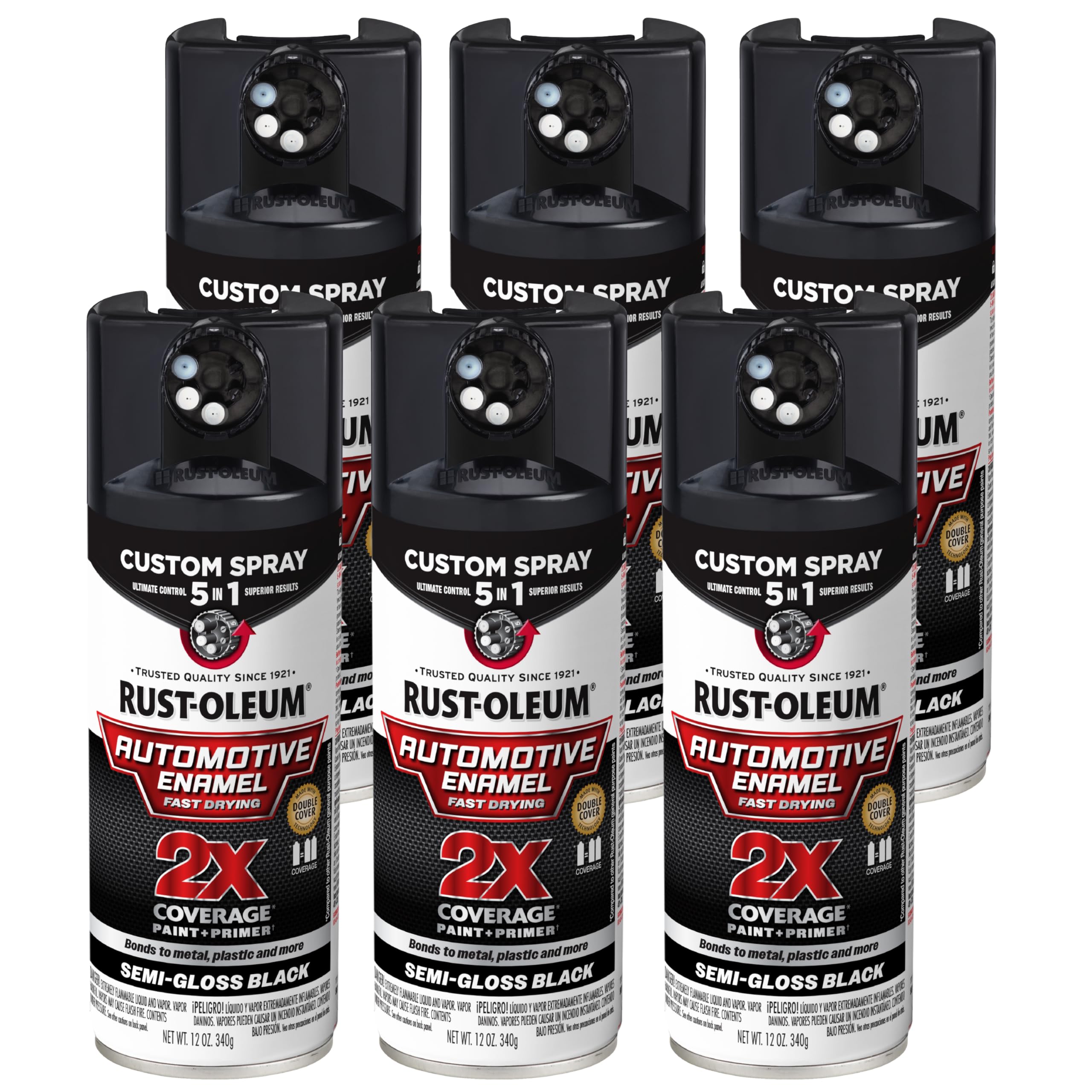 Rust-Oleum 2X Automotive Enamel Custom Spray 5-in-1 Spray Paint, 12 oz, Semi-Gloss Black, 6 Pack