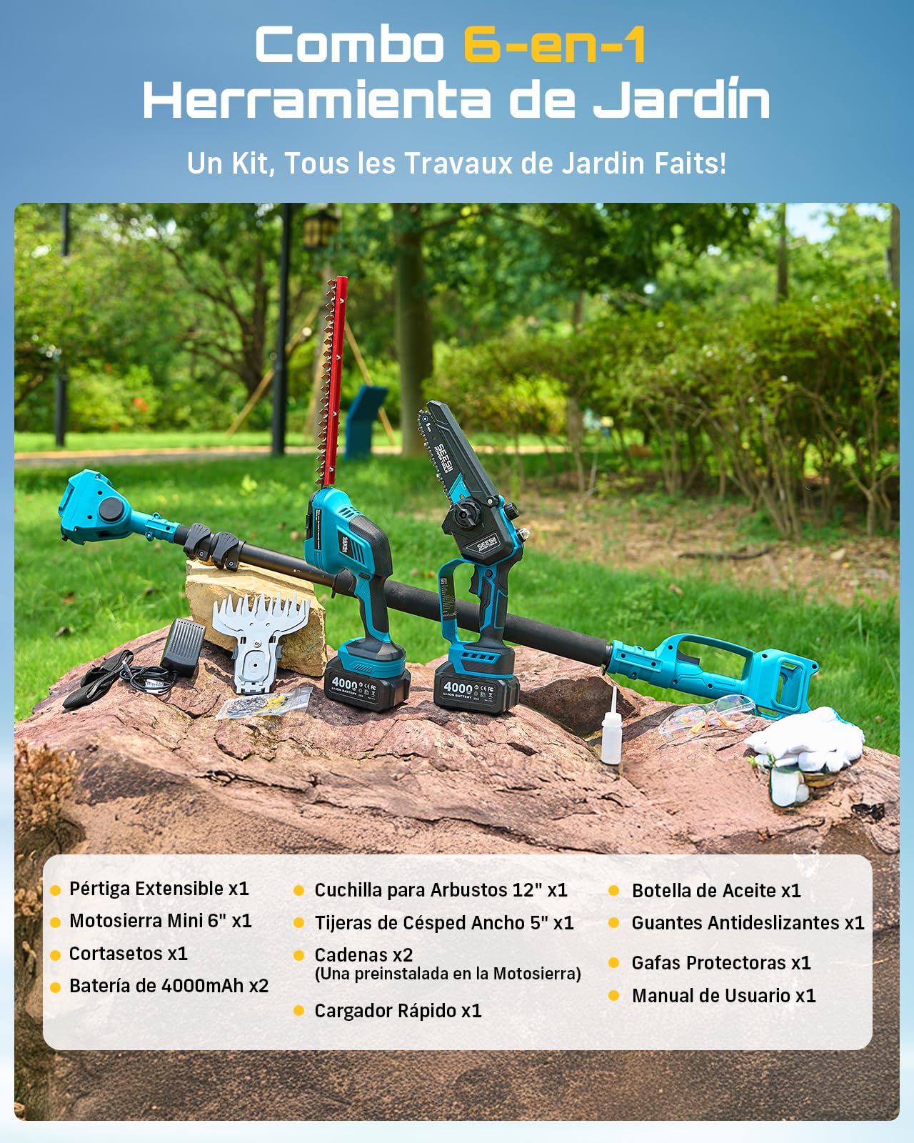 SEESII 6-en-1 Mini Motosierra y Cortasetos a Batería, con 2 * 4000mAh Baterías, Motosierra Electrica con Pértiga Telescópica, Alcance Máximo de hasta 4,57 m, con 30 ml Tanque de Aceite