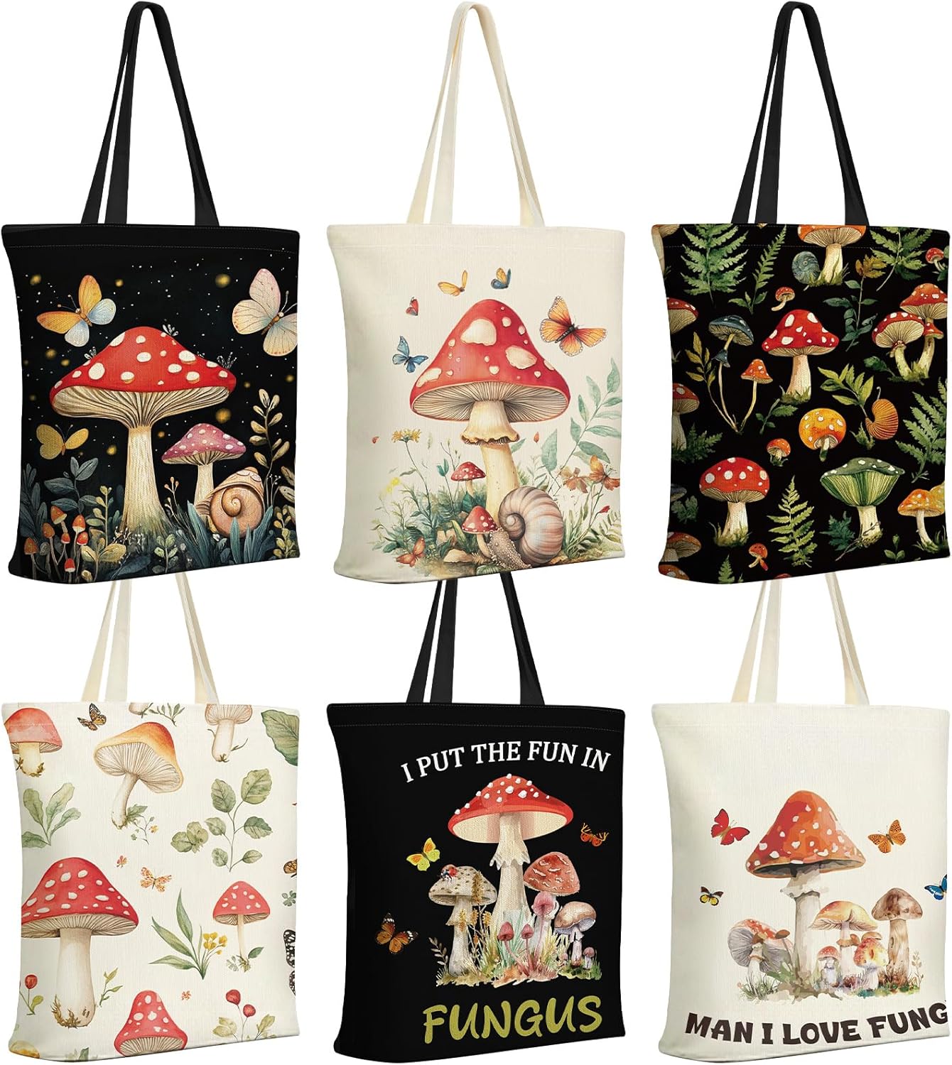 Paterr 6 Pack Mushroom Tote Bags for Women Reusable Canvas Tote with Inner Zipper Pocket Bag Fun Gifts for Mushroom Lovers Birthday Stuff