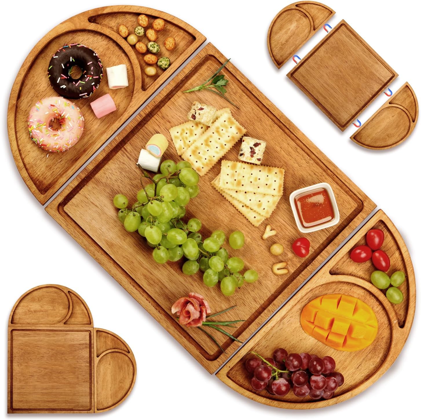 Extra Large Magnetic Charcuterie Board Cheese Board Gift Set 3 Part Square & Round & Heart Shaped Acacia Wood Cheese Boards Charcuterie Wooden Tray Serving Board Platter for Any Occasion