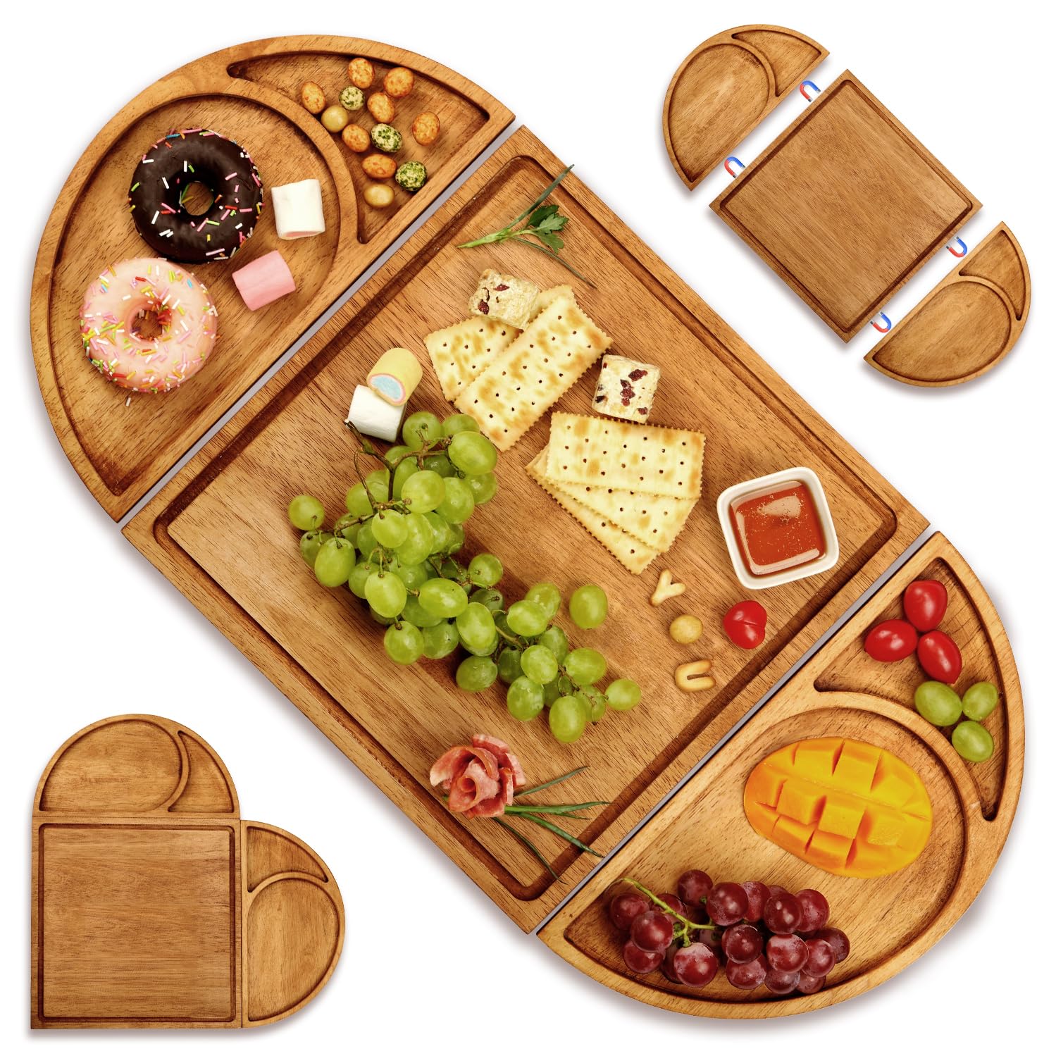 Extra Large Magnetic Charcuterie Board Cheese Board Gift Set 3 Part Square & Round & Heart Shaped Charcuterie Cheese Boards Wooden Tray Serving Board Platter for Valentine