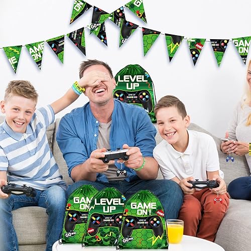 Miniatura 5 de Nosiny 72 piezas de recuerdos de fiesta de videojuegos, incluye 24 bolsas con cordón de regalo, 24 pulseras de silicona, 24 llaveros de controlador