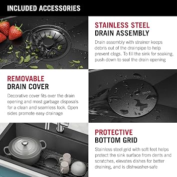 DELTA FAUCET Delta Rivet 33 Inch Black Stainless Steel Drop-In Top Mount 16 Gauge Workstation Kitchen Sink Single Bowl in PVD Gunmetal Finish with WorkFlow Ledge and Accessories, 95A9031-T33S-GS