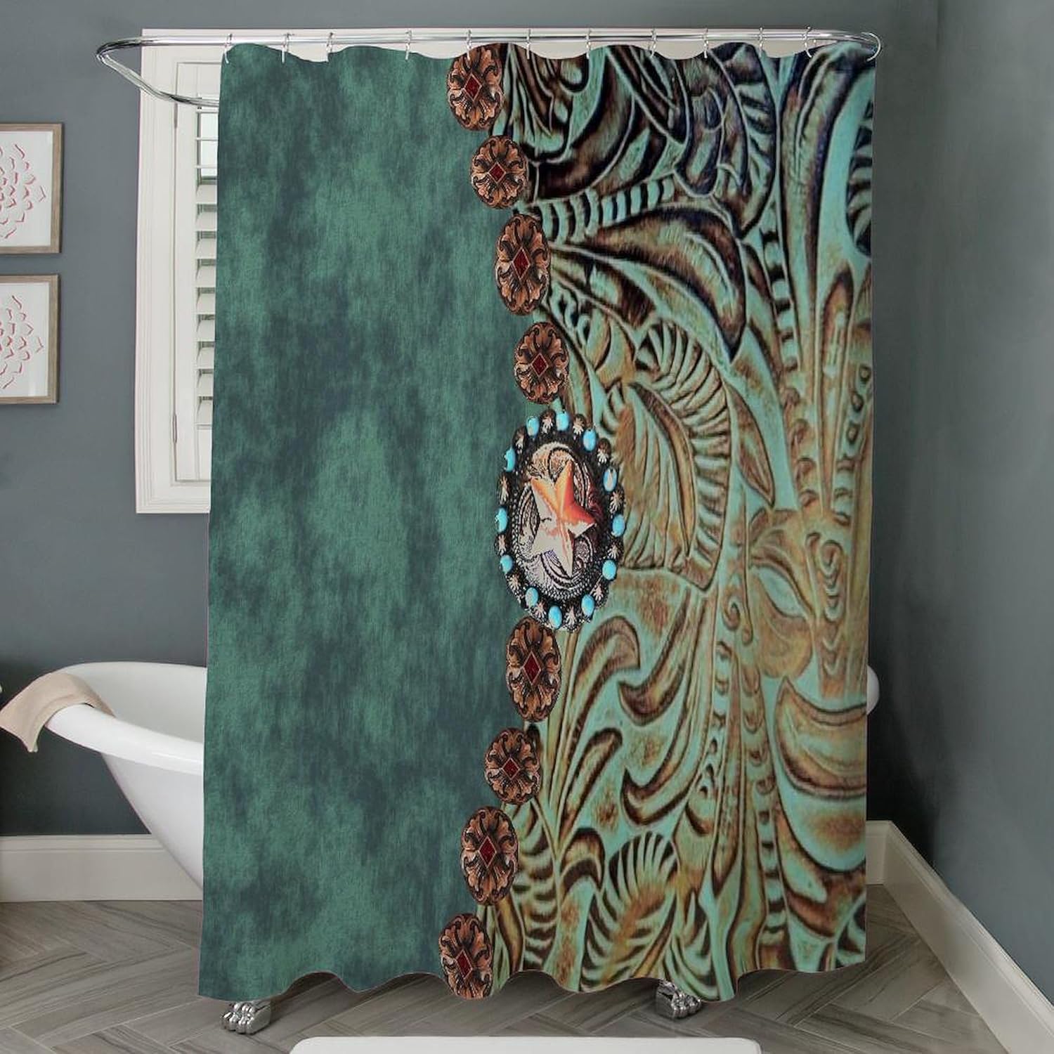 CafePress Country Western Turquoise Leather Decorative Fabric Shower Curtain