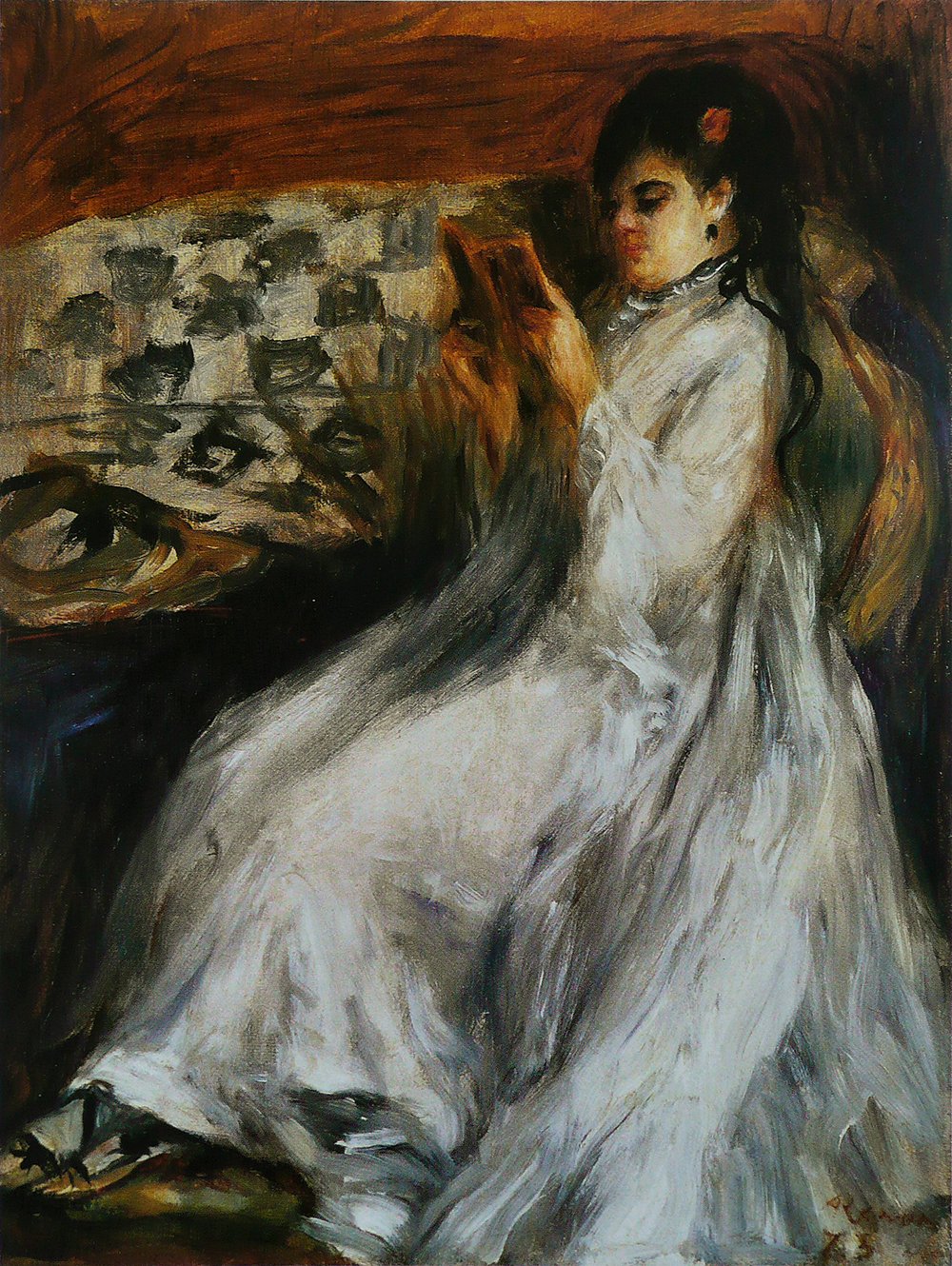 Affiche Jeune Femme lisant Renoir finition Semi Gloss et cadre marron de qualité musée