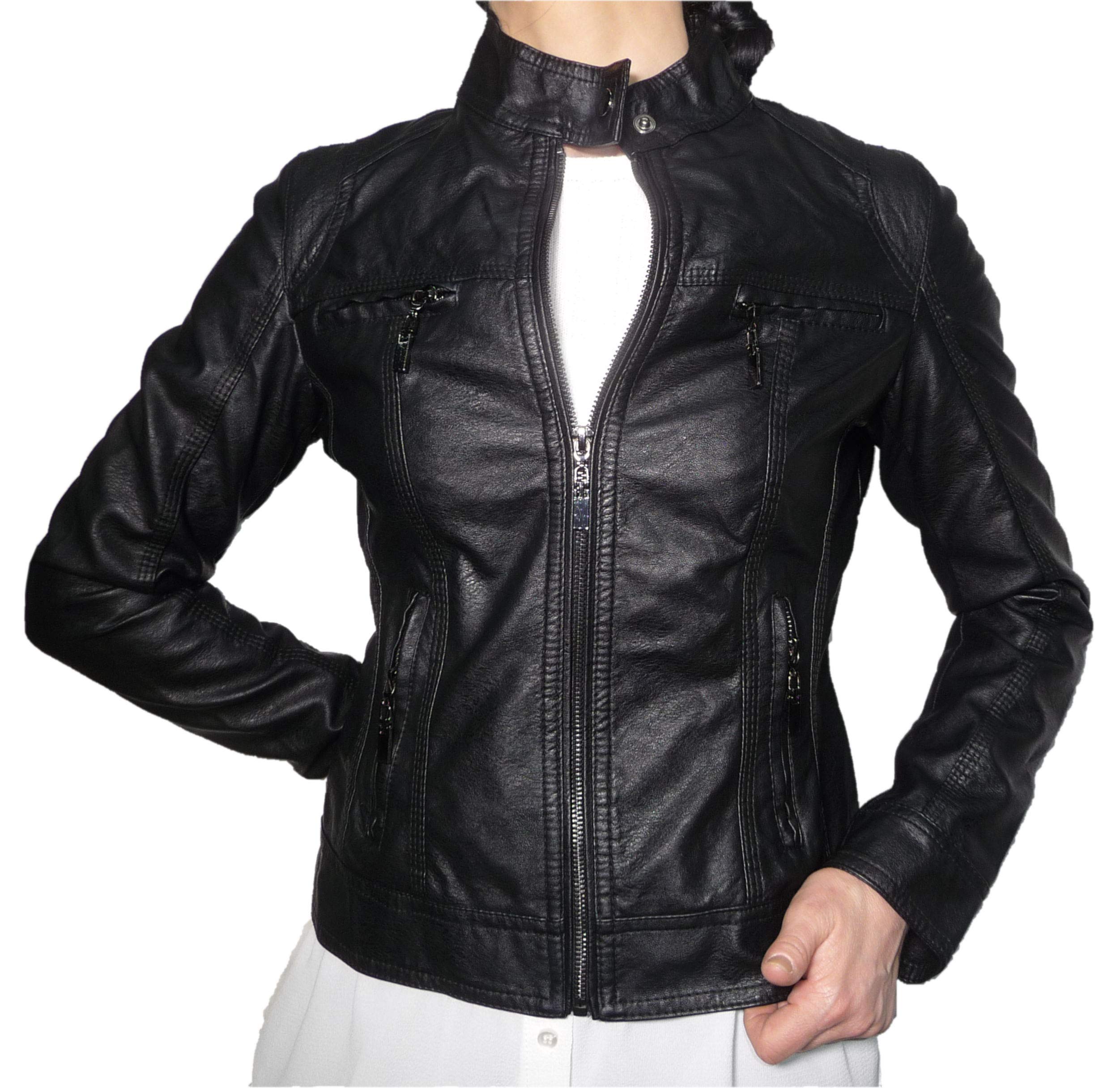 Fantasy Chiodo Giacca Foderata Giubbino Finta Pelle Ecopelle Taglie Grandi Avvitato Moda Aderente Donna Ragazza