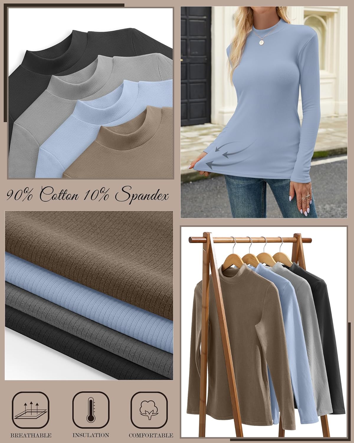 4 Pack Women's Mock Neck Long Sleeve Tops Ribbed Slim Fitted Cotton Thermal Shirts Casual Stretch Tight Base Layer - Image 6