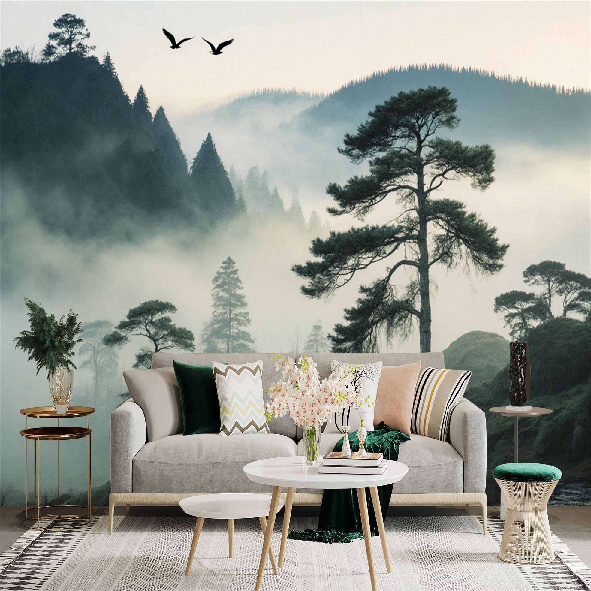 Lnzczhyre Xc260505132 Custom Size Wall Sticker Mural， Misty Mountain Landscape， Pine Forest With Fog， Flying Birds， Serene Nature Scenery， For Wall Decoration， Peelandstick Wall Decals.