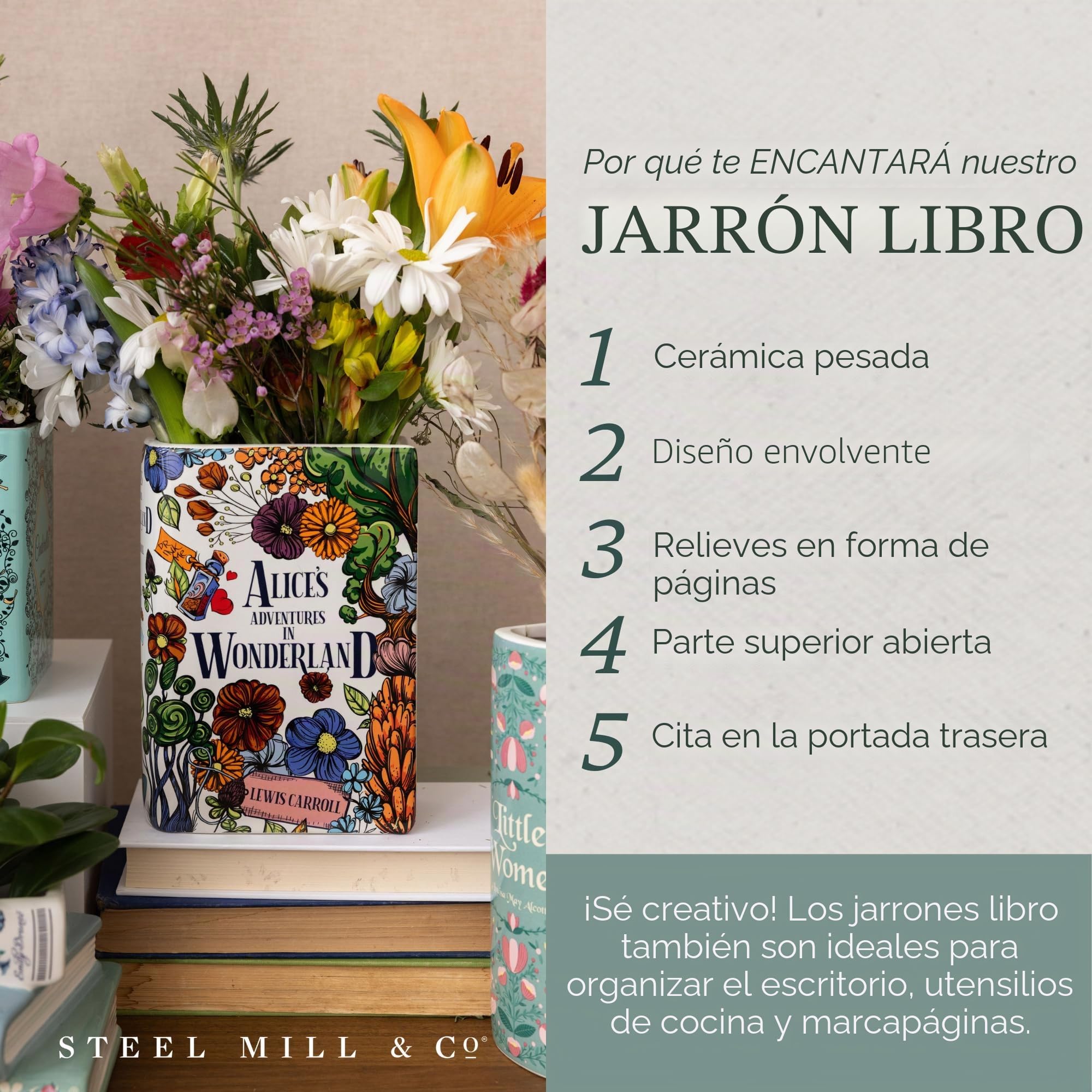 STEEL MILL AND CO. Jarrón Decorativo Original Grande en Forma de Libro, cerámica, Bonita decoración de estantería, jarrón único para los Amantes de los Libros, Las Aventuras de Alicia en el país de