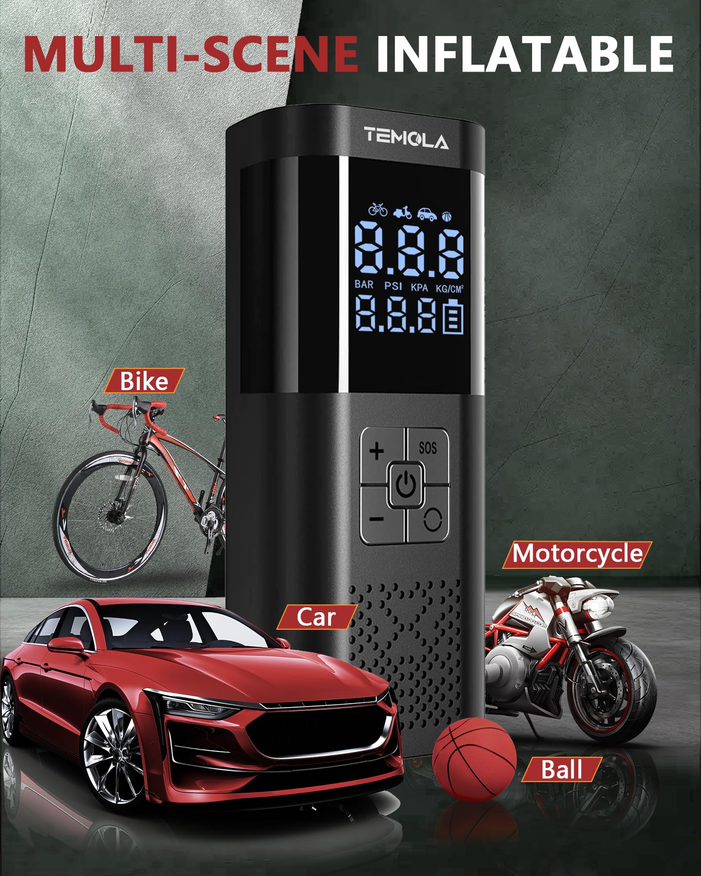 TEMOLA Compressore Aria Portatile Auto, Potente Compressore Auto Senza Fili con Luce LED, Mini Compressore Portatile Accessori Auto Essenziali per Gli Uomini con Manometro per Auto Moto Bicicletta