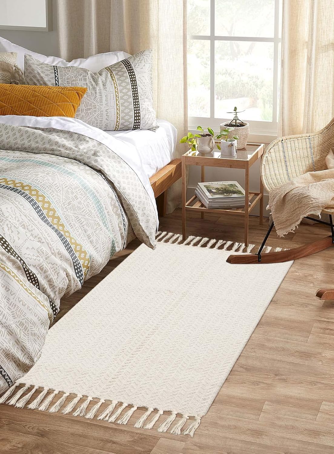 The Seeker Boho Hallway Runner, 60×130 cm Washable Cream Runner Rug for Kitchen, Woven Cotton Low Pile Farmhouse Carpet Runner with Tassels for Hall, Front Door, Bedroom, Bathroom or Living Room