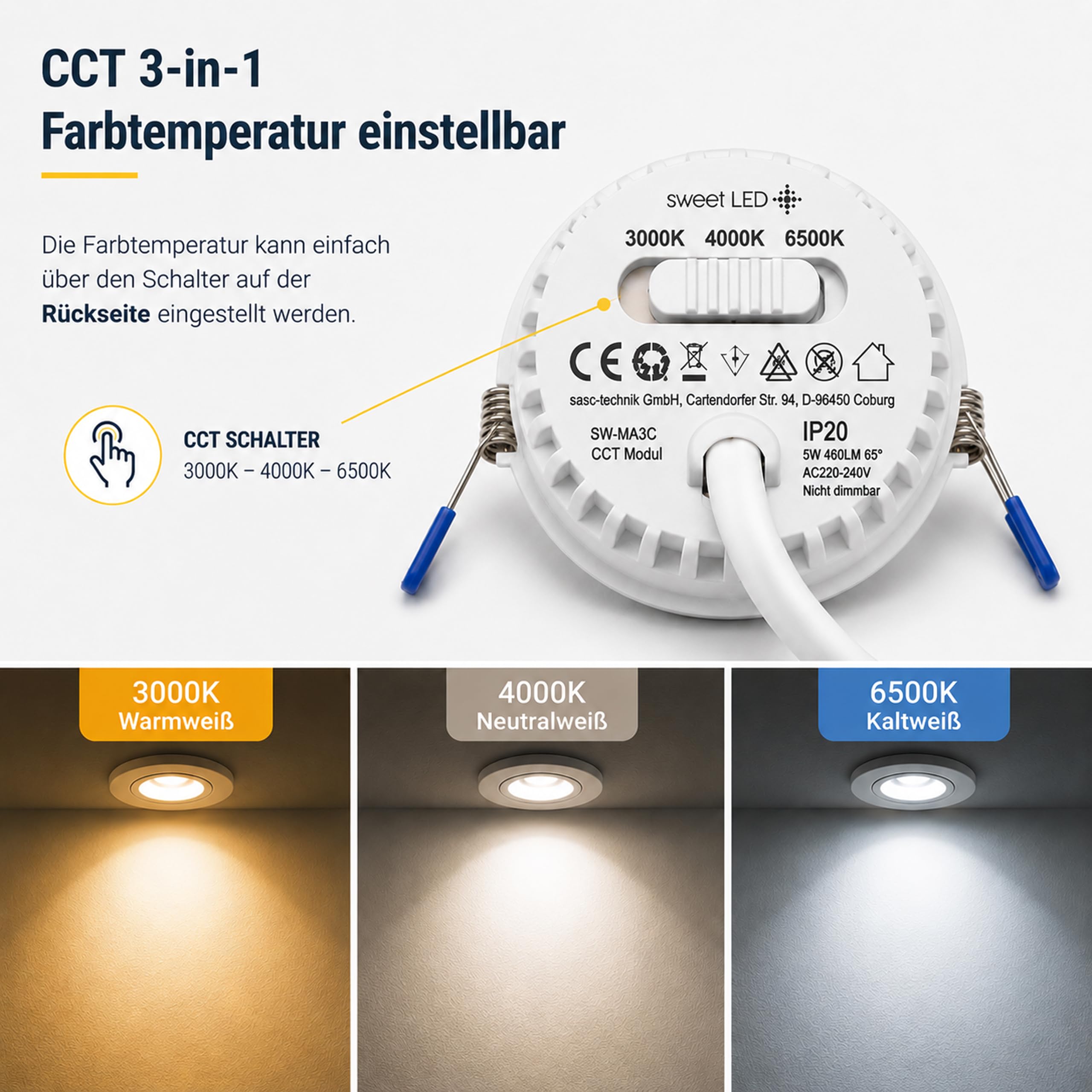 Sweet Led 8er Set LED Modul flach CCT 5W 460lm Ø50x23mm GU10 Ersatz 230V