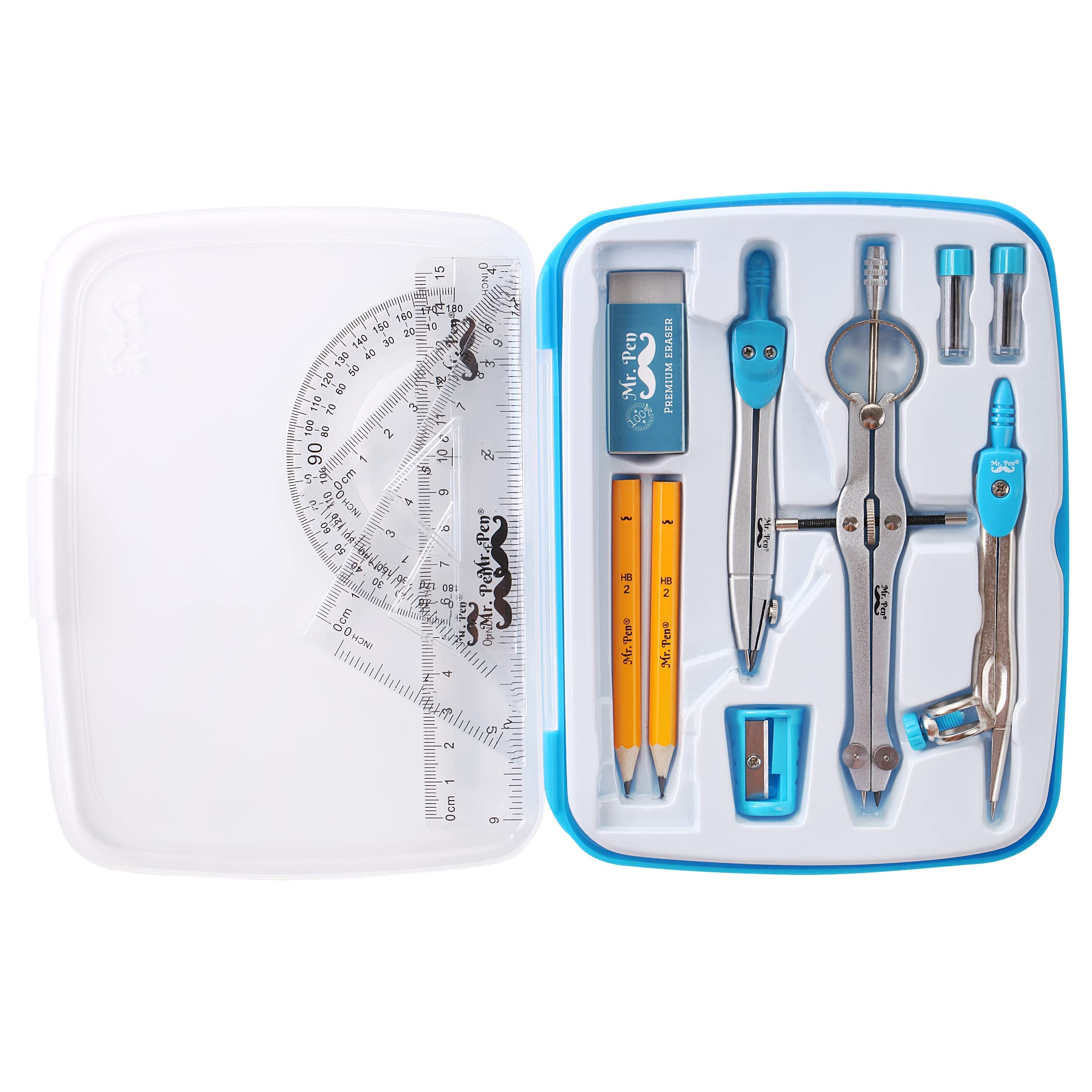 Mr. Pen 13 Piece Geometry Set with Shatterproof Storage Box, Blue