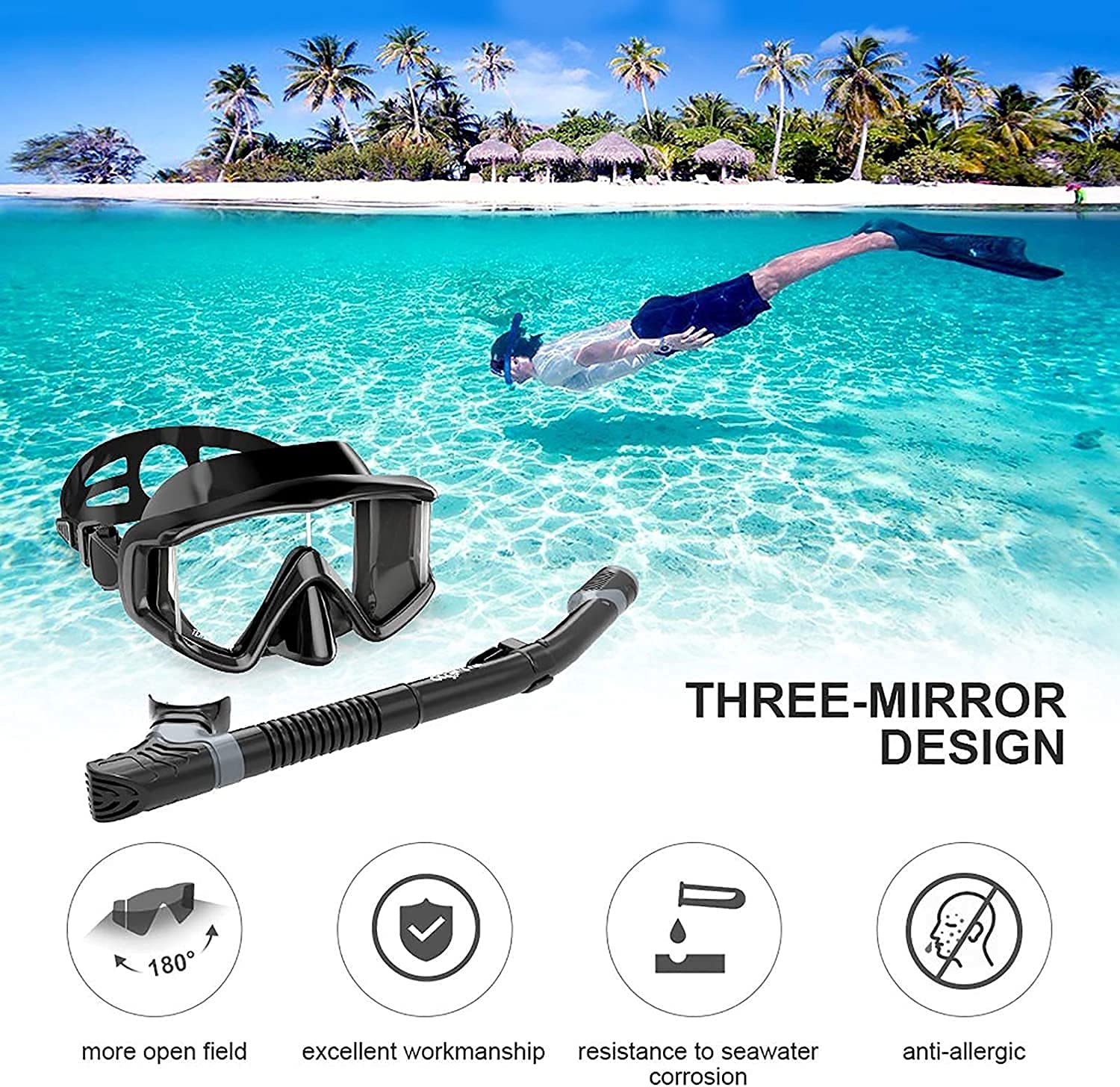 Maschere Da Immersione, Boccaglio E Boccaglio Asciutti, Regolabili, Panoramici, Con Ampia Visuale, Per Immersioni Profonde, Snorkeling, Attrezzatura Professionale Con Pinne Per Adulti E Bambini, Grig
