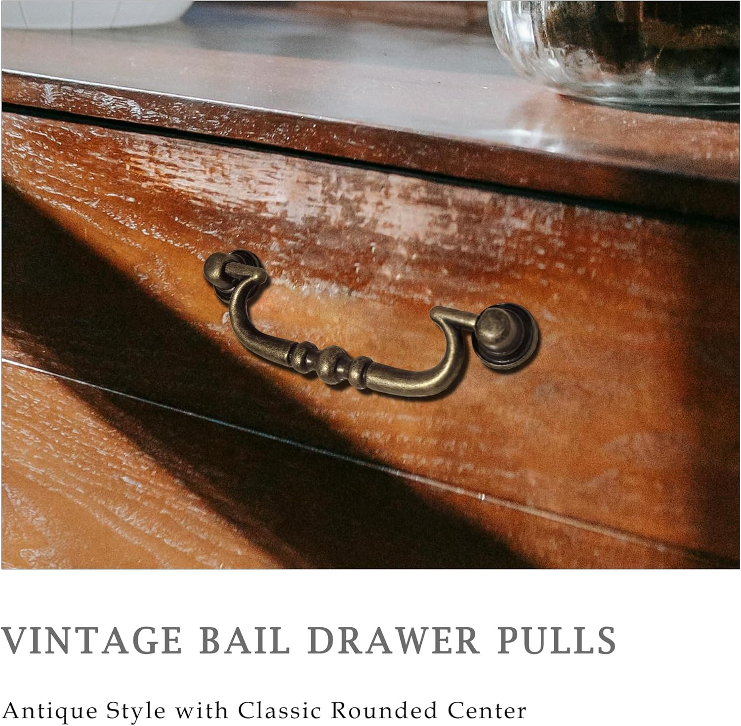 6 Pack Vintage Drop Bail Drawer Pulls, Antique Brass Cabinet Handles with 3-3/4 Inch Hole Centers, Classic Dresser Handles for Furniture Restoration
