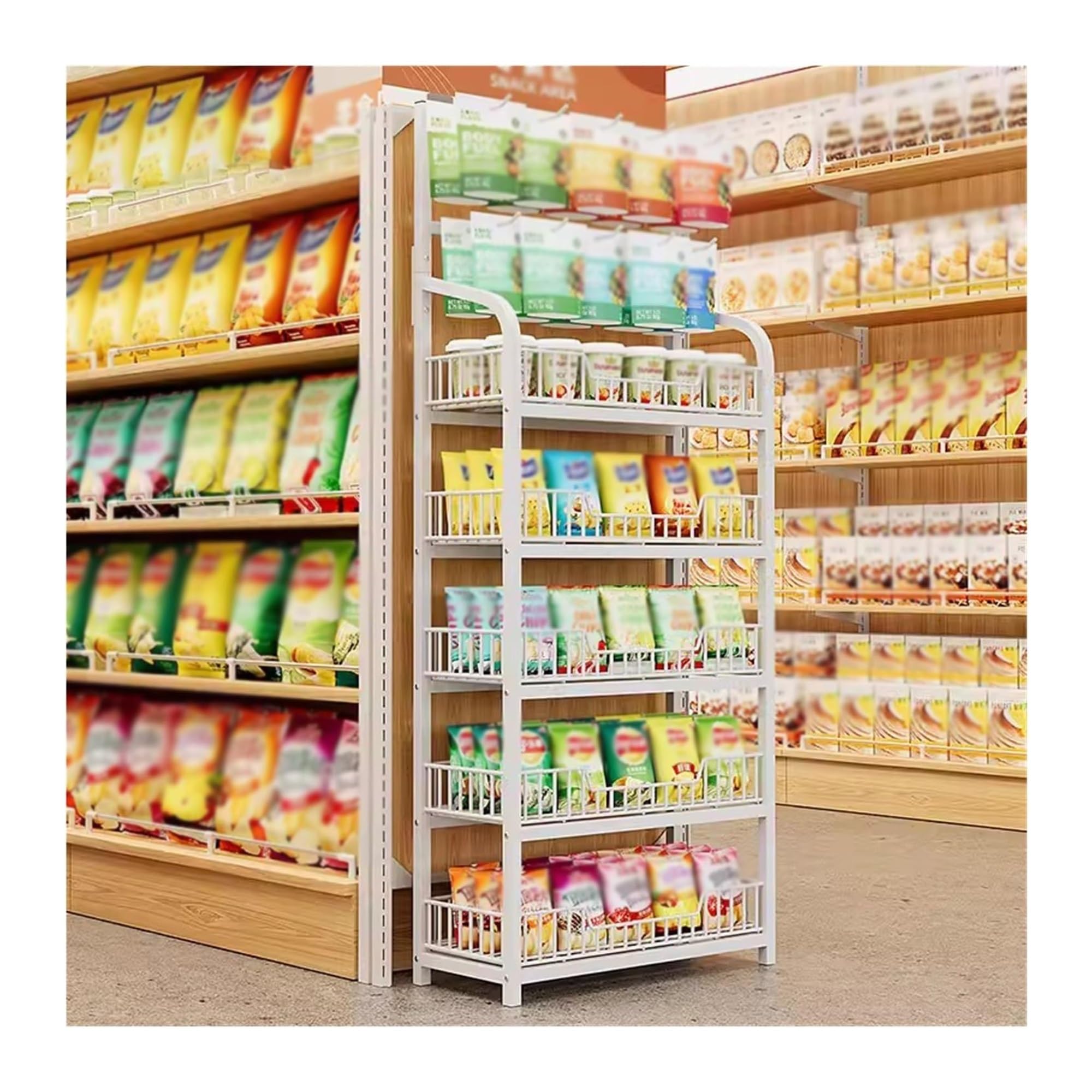 Soporte de exhibición, estante para bocadillos de supermercado, estantes organizadores de dulces para minoristas, con canasta de almacenamiento, soporte organizador de frutas y verduras para cocina(Wi