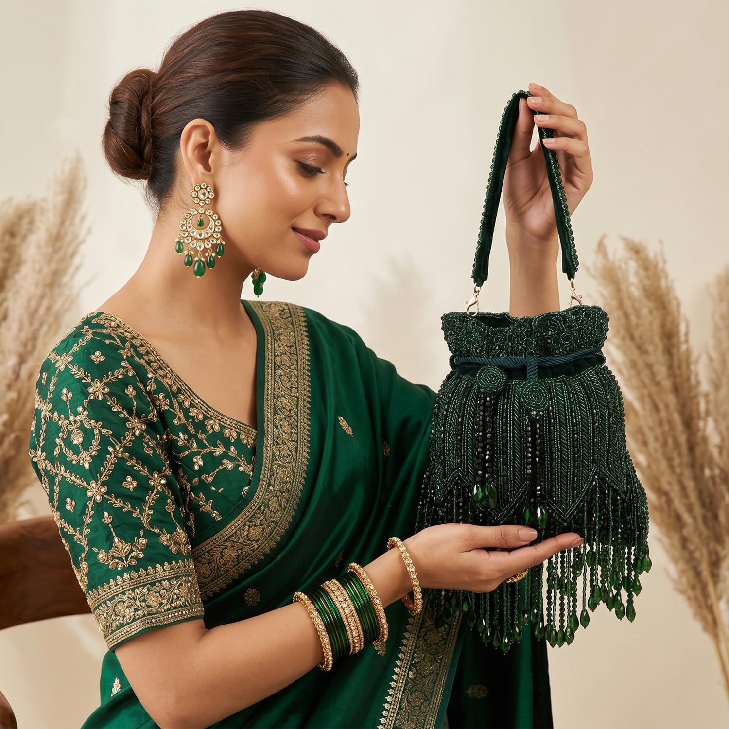 LONGING TO BUY Beaded Potli Bag for Women, Velvet Drawstring Wristlet with Fringe Detail