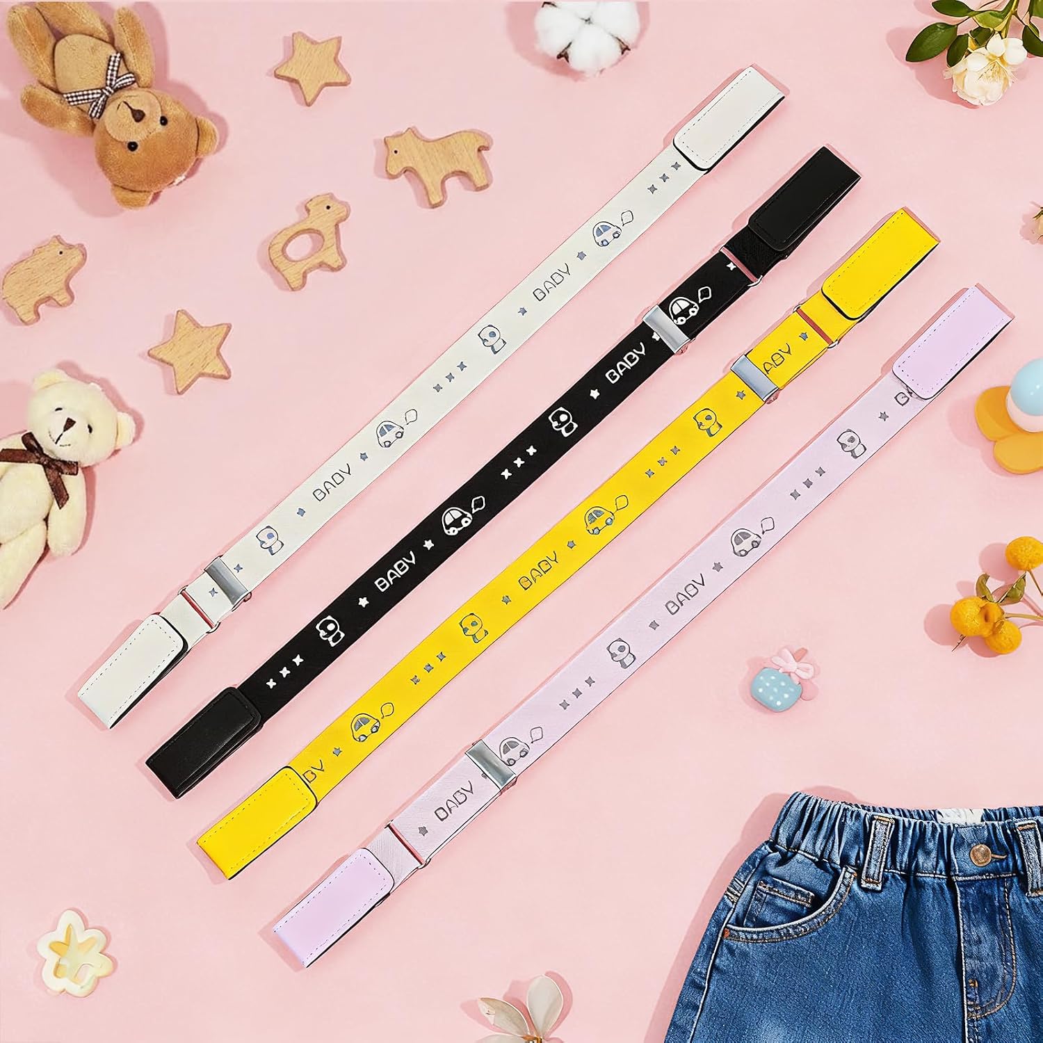 4PCS Girls Belts Stretch No Buckle Belt, Adjustable Elastic Kids Belts for Boy Girl Pants Jeans