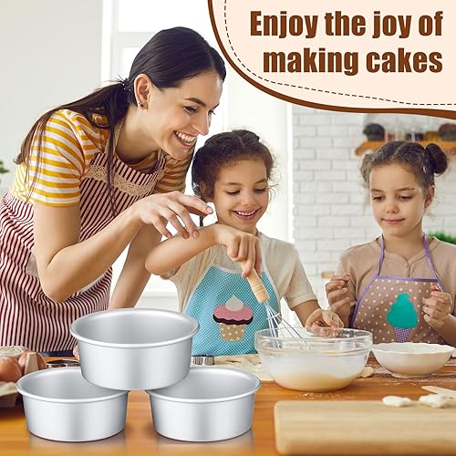 Miniatura 6 de Domensi Juego de 24 moldes pequeños de aluminio de 4 pulgadas para hornear pasteles redondos con 100 piezas de papel pergamino, no tóxico,