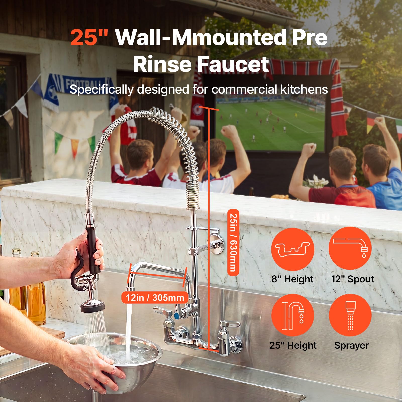 VEVOR Robinet de Cuisine Commercial avec Pulvérisateur de Pré-rinçage, Mitigeur avec Douchette Extractible, 630 mm de Haut, Entraxe 203 mm, Bec Pivotant 305 mm, Mural pour Évier 1/2/3 Compartiments