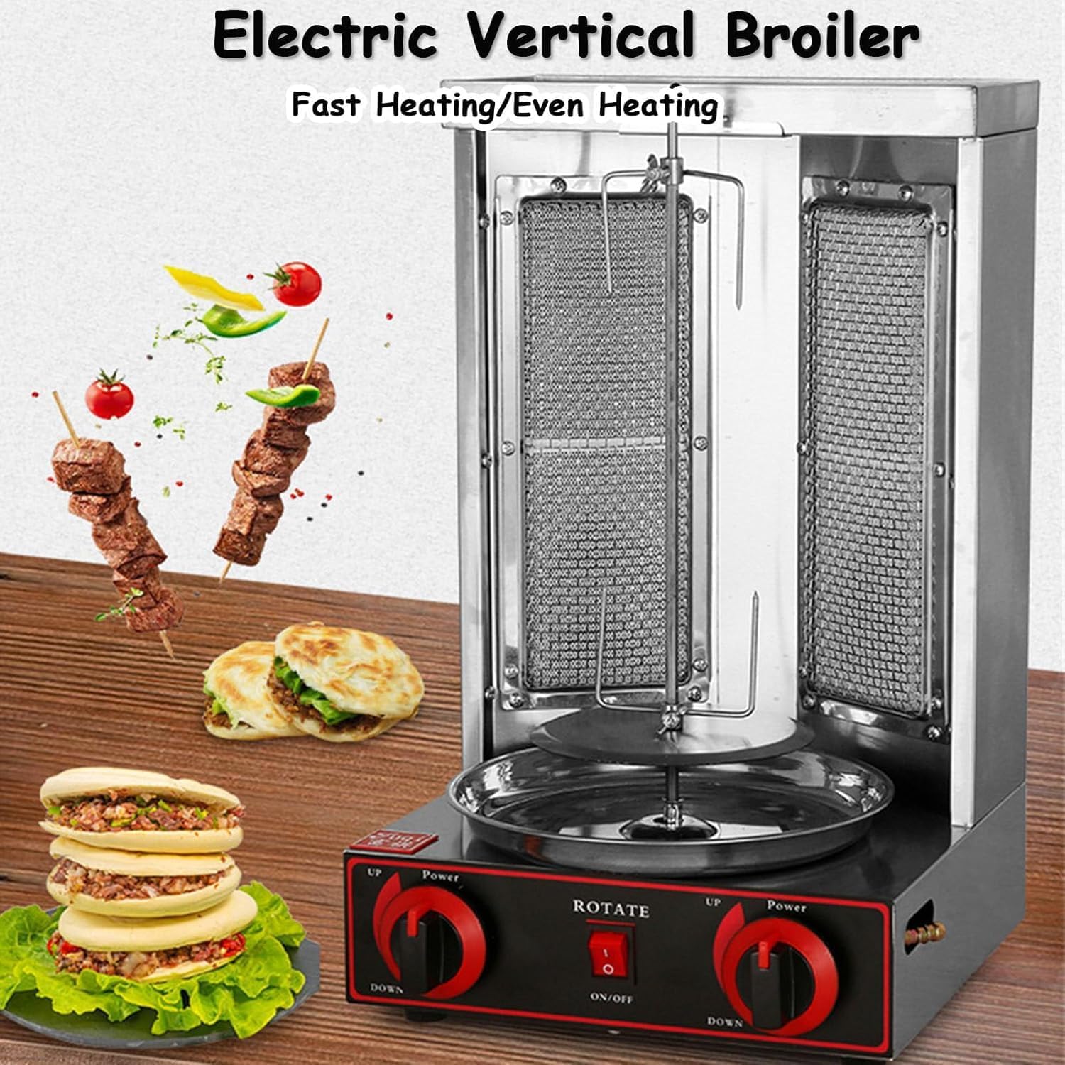 Parrilla vertical con rotación automática, ajuste de temperatura y 2/3 tubos de calefacción para asar pavo y tacos, fácil de usar y limpiar