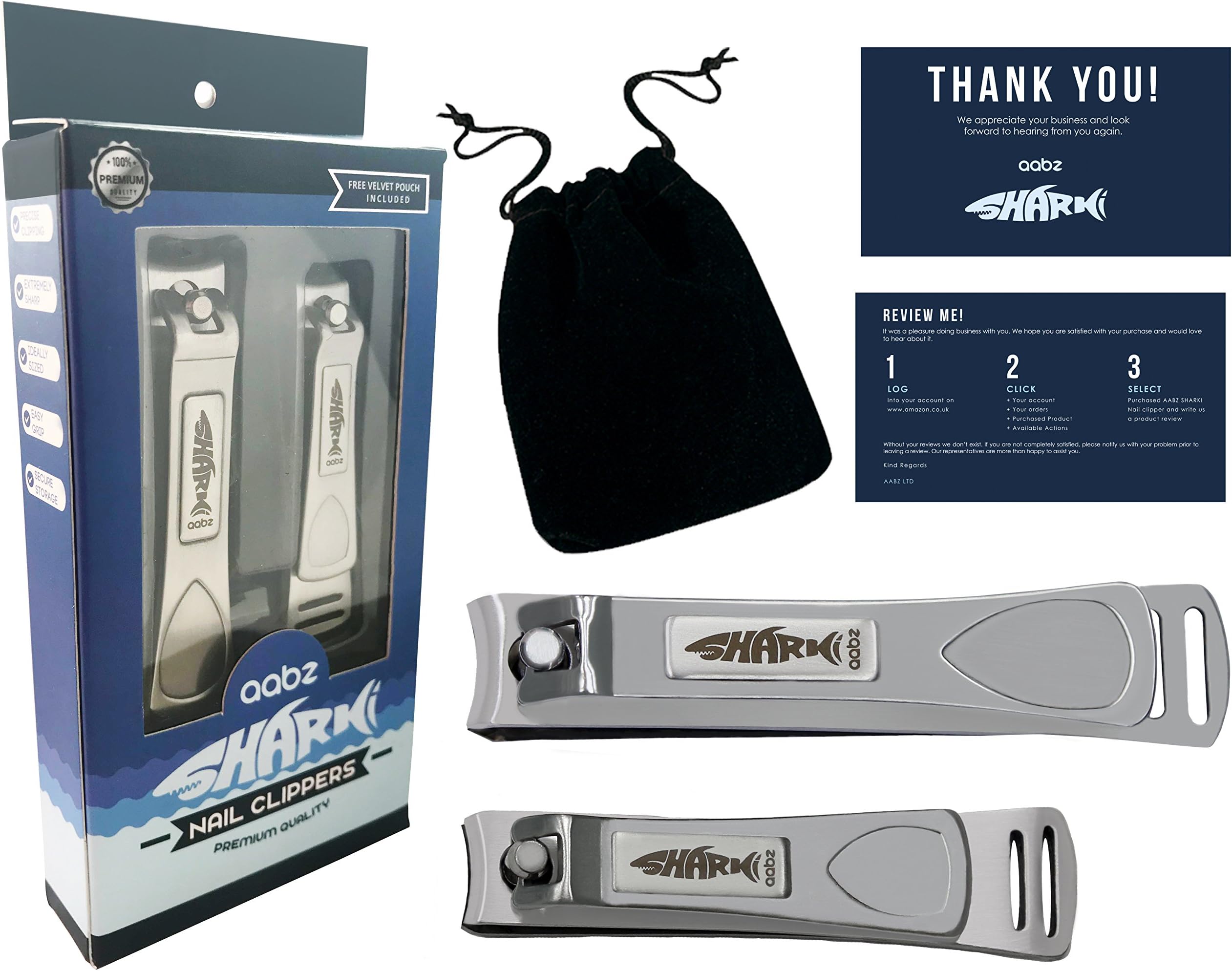 Nail Clippers: AABZ SHARKI Fingernail & Toenail Stainless Steel Nail Cutter Set | Built-in Nail Files | Professional Spa Quality Precision Nail Care Tools | Great Gift For Men & Women