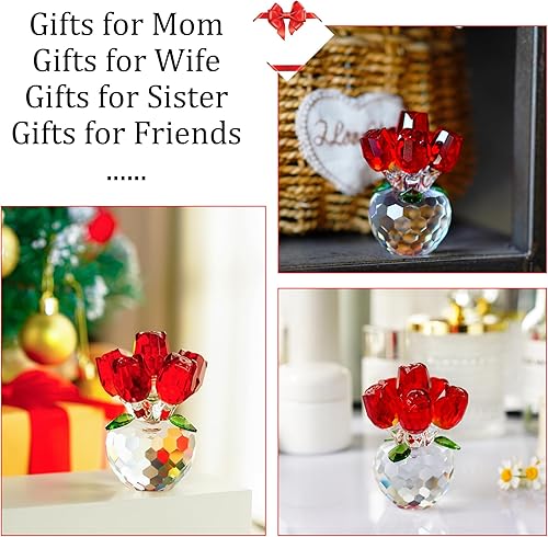Miniatura 5 de H&D HYALINE & DORA Adorno de figura de rosa roja de cristal de 3.3 pulgadas, regalos de flores para esposa, mamá, novia, figura de ramo de rosas de