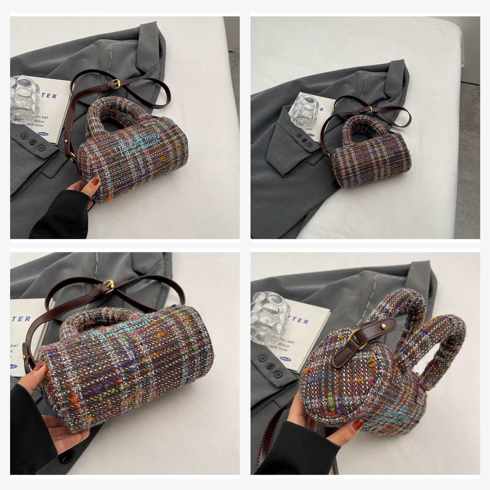 Bolso Bandolera para Mujer Bolso de Mano de Lona Bolsos Cilíndricos Media Bolsa Shopper Ligero Bolso de Hombro Bolsos Cruzados Retro Bolso Tote para Viajes Trabajo Citas Compras Café