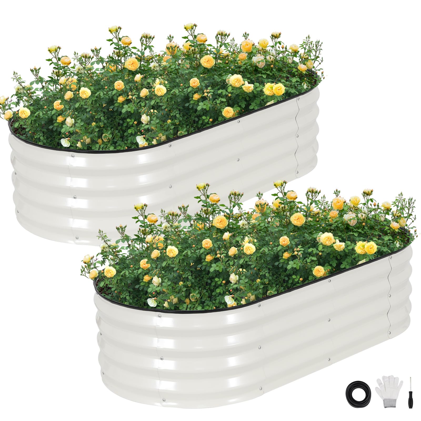 STBoo Galvanized Raised Garden Bed Outdoor, 2Pcs 120x60x30CM Oval Planter Box with Rubber Strip,Metal Raised Bed Kit for Vegetables Flowers Herbs, White