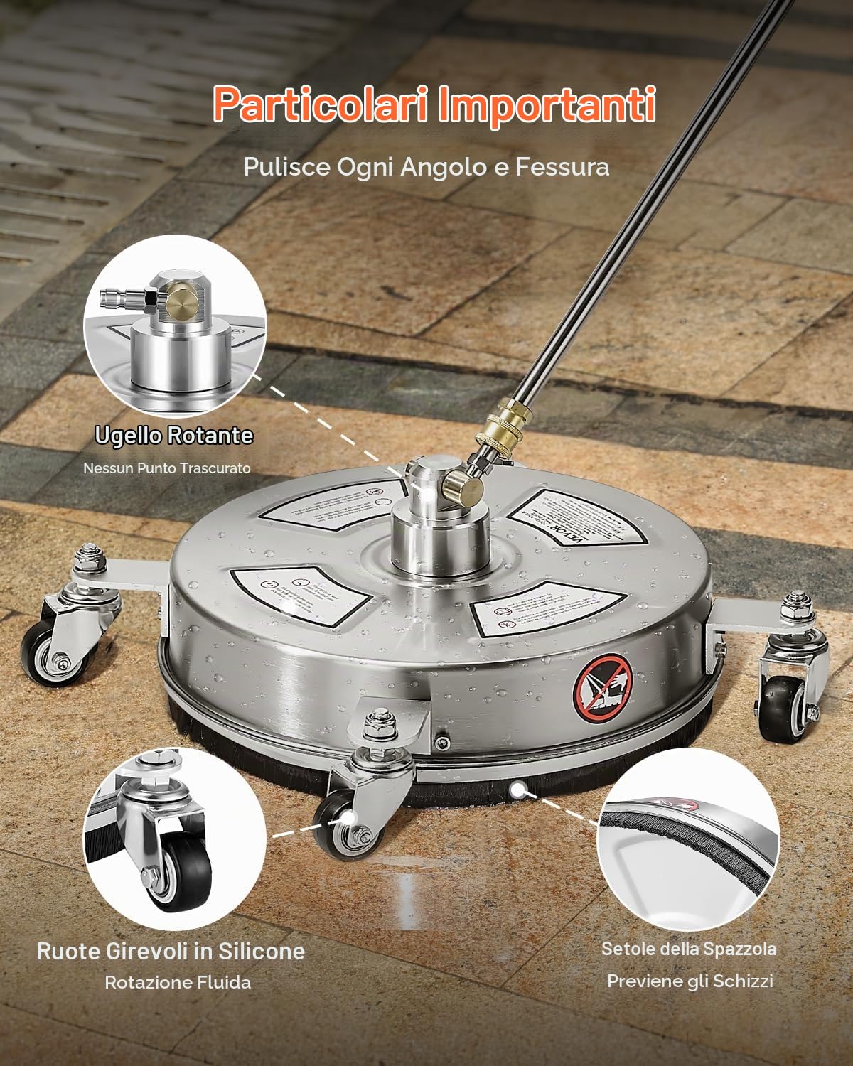 VEVOR Idropulitrice per Superfici in Acciaio Inossidabile con 4 Ruote, 275,8 Bar Max, Connettore Rapido da 1/4, 2 Ugelli a Spruzzo, 2 Lance Estese, per Cemento, Patio, Marciapiede 355,6 mm