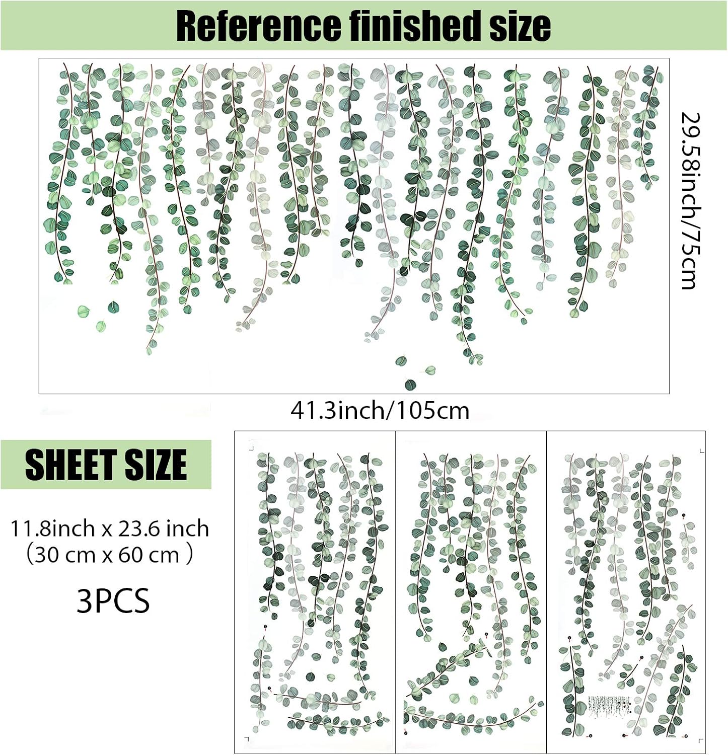 Green Plants Eucalyptus Wall Sticker Vine Leaves Wall Decal Removable Watercolor Wall Art Decor Peel and Stick Wall Sticker Murals Decoration for Home Nursery Living Room (3 Sheets,11.8 x 23.6 Inch)
