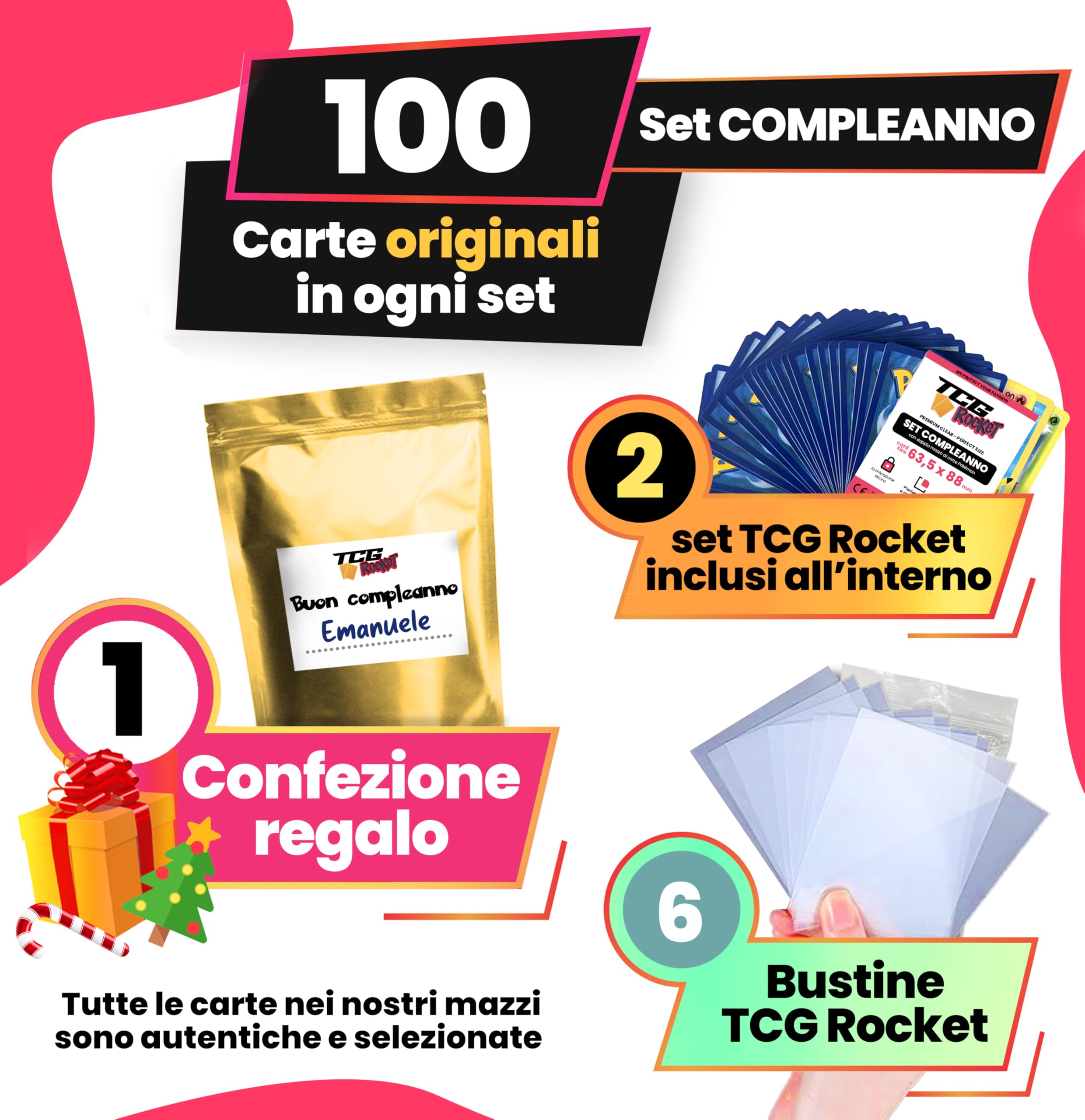 Set COMPLEANNO - 100 Carte Pok Originali Italiane, Include 1 Ultra Rara, 5 Carte Luccicanti (Olo, Reverse) e Confezione Regalo