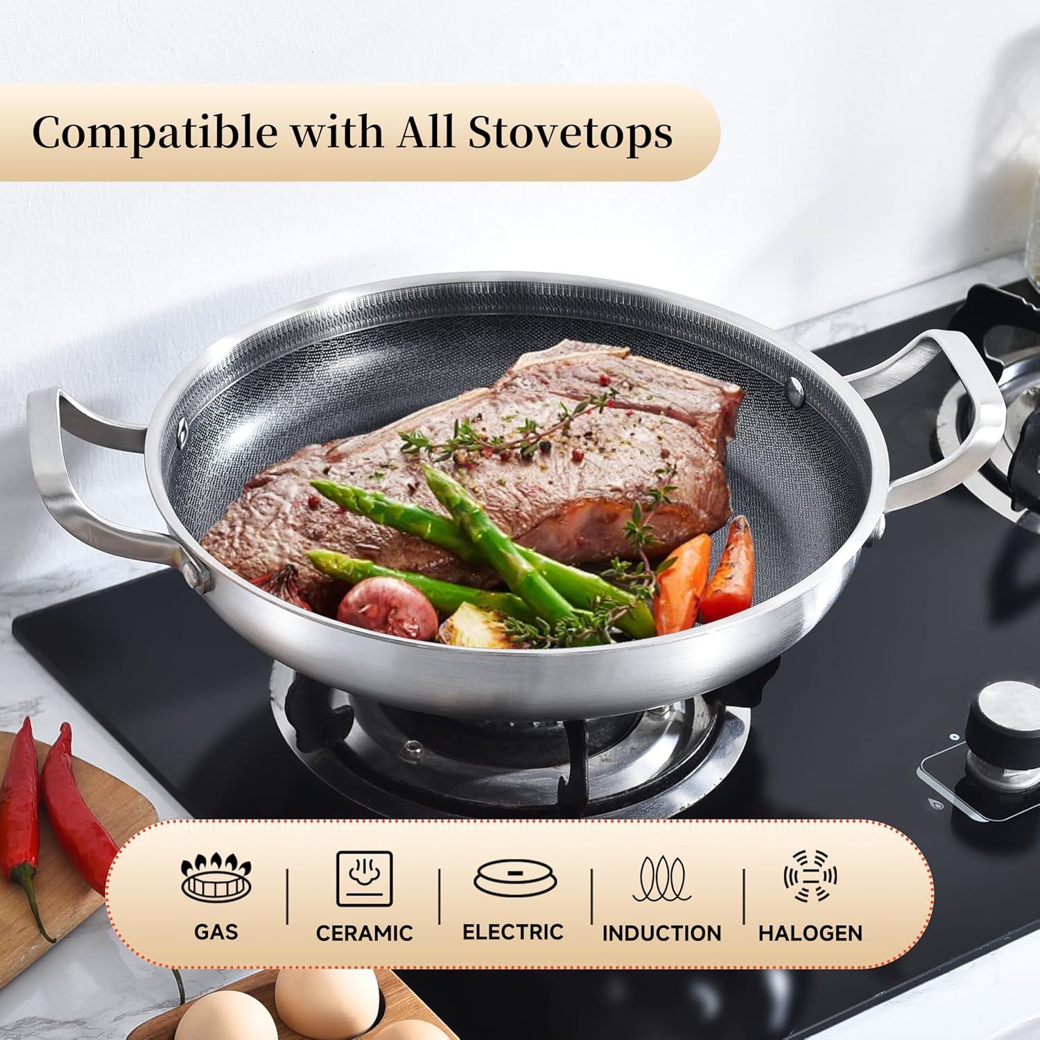 Inqibee 12-Inch Hybrid Tri-Ply Stainless Steel Non Stick Paella Pan with Lid,Stir Fry Pan,Omelet Pan,Large Skillet,Induction Cooking Pan,Dishwasher and Oven Safe.