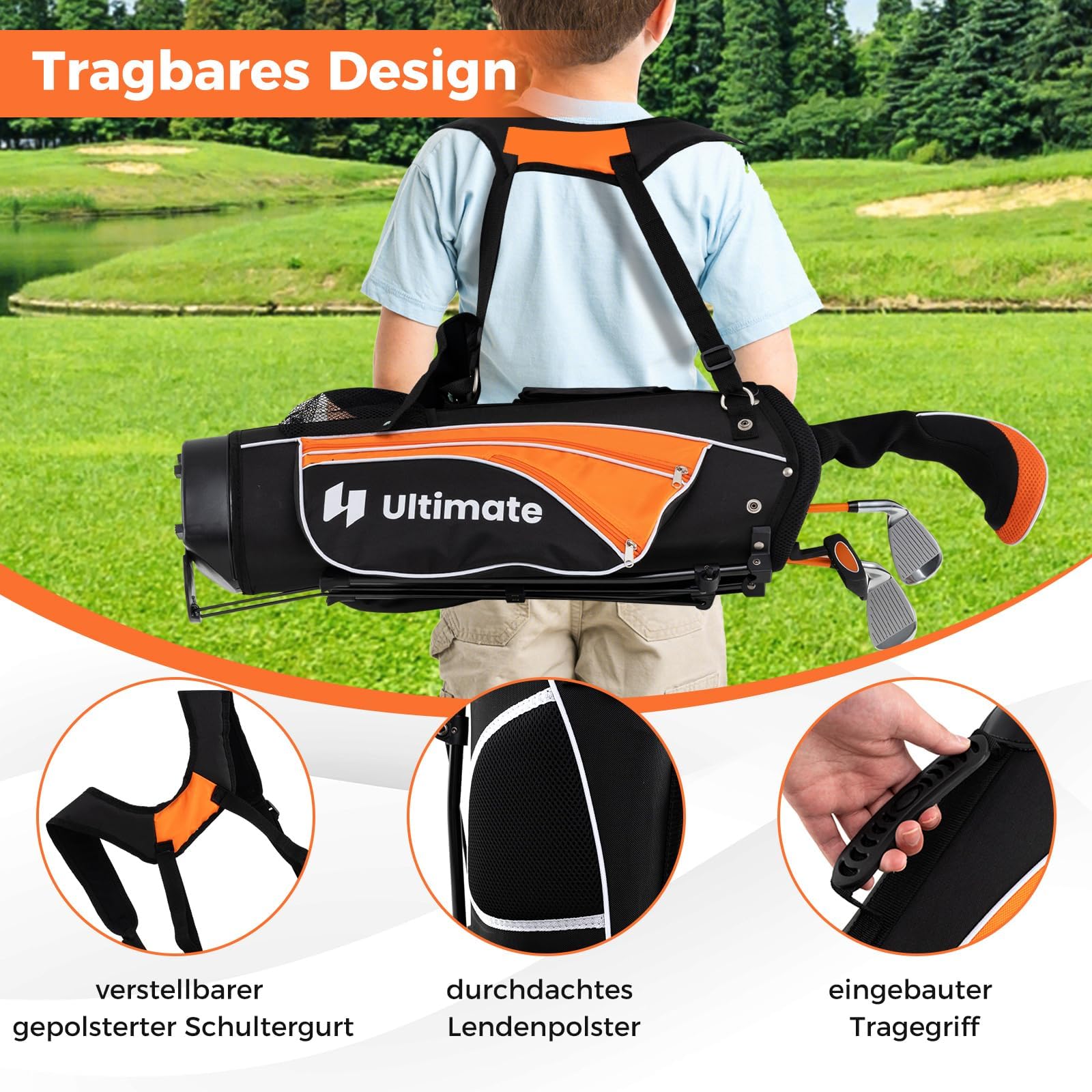 COSTWAY 5 teiliges Kinder Golfschläger Set, Golf Set Rechtshänder mit 3 Fairway, 7/9 Eisen, Putter, Regenhaube & Golftasche, Golfschlägersätze für Kinder von 8-10/11-13 Jahren