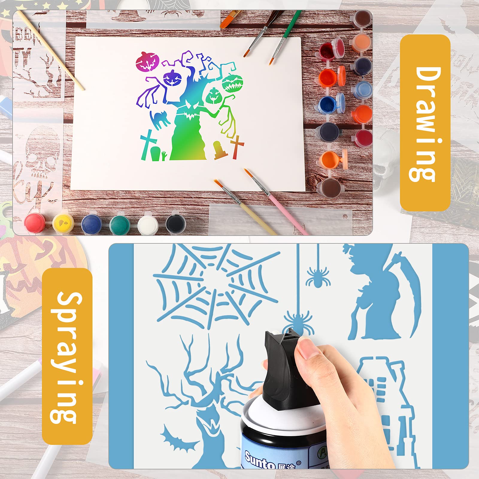0 Pieces Halloween Decoration Painting Stencils 6 x 6 Inch Reusable Pumpkin Bat Plastic Drawing Spraying Template for Shirt Scrapbooking Cookie Card DIY Wood Art Craft Wall Decor 2
