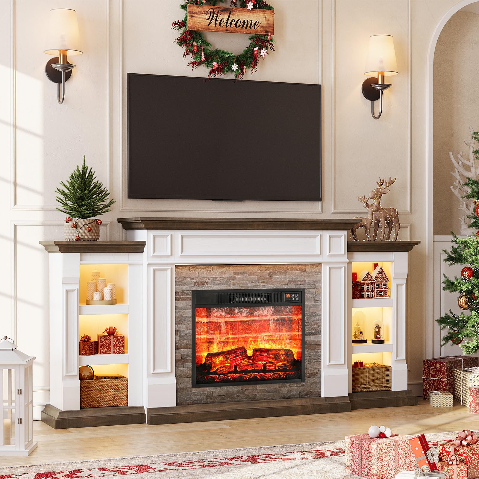 70 Inch Electric Fireplace TV Stand with Mantel, Farmhouse Entertainment Center with LED for TVs Up to 80 Inch, Fireplace Insert with Realistic