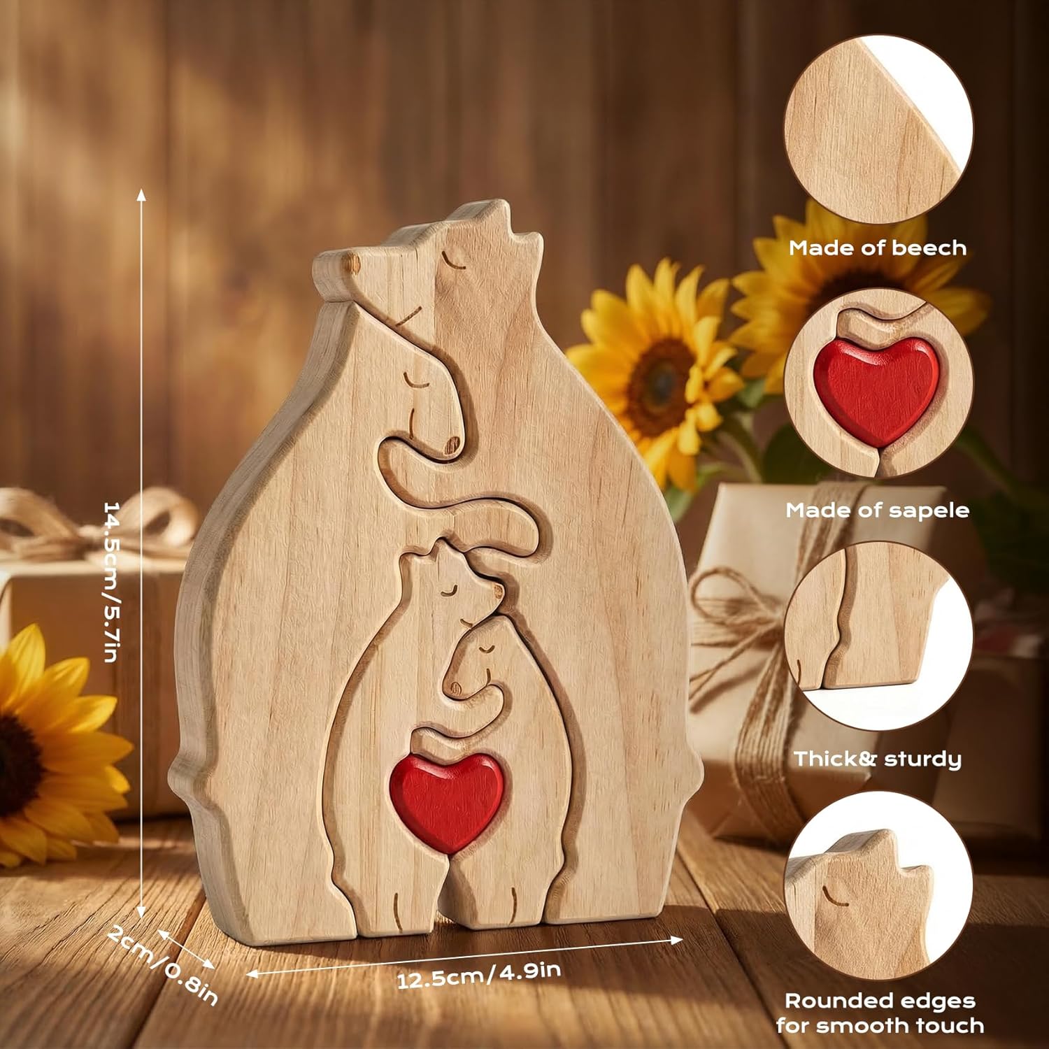 Lotanop Personalized Wooden Bear Family Puzzle for 4-Person Family with DIY Name Stickers – Unique Gift for Mother's Day, Father's Day,Housewarming, Birthday Home Decor, 2 Sheets of Letters (A-Z)