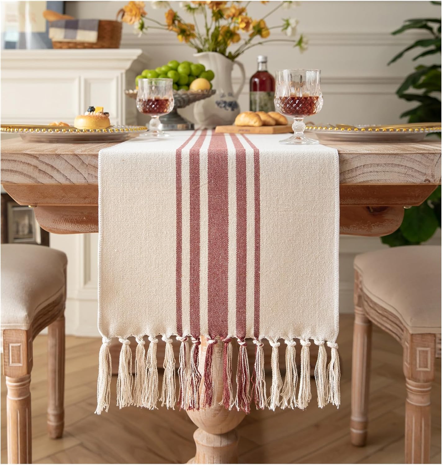 Caflife Boho Table Runner for Modern Farmhouse Fall Decor, 13 x 108 Inch Long, Coffee Table Runner with Handcrafted Tassels, Rust and Beige Stripe