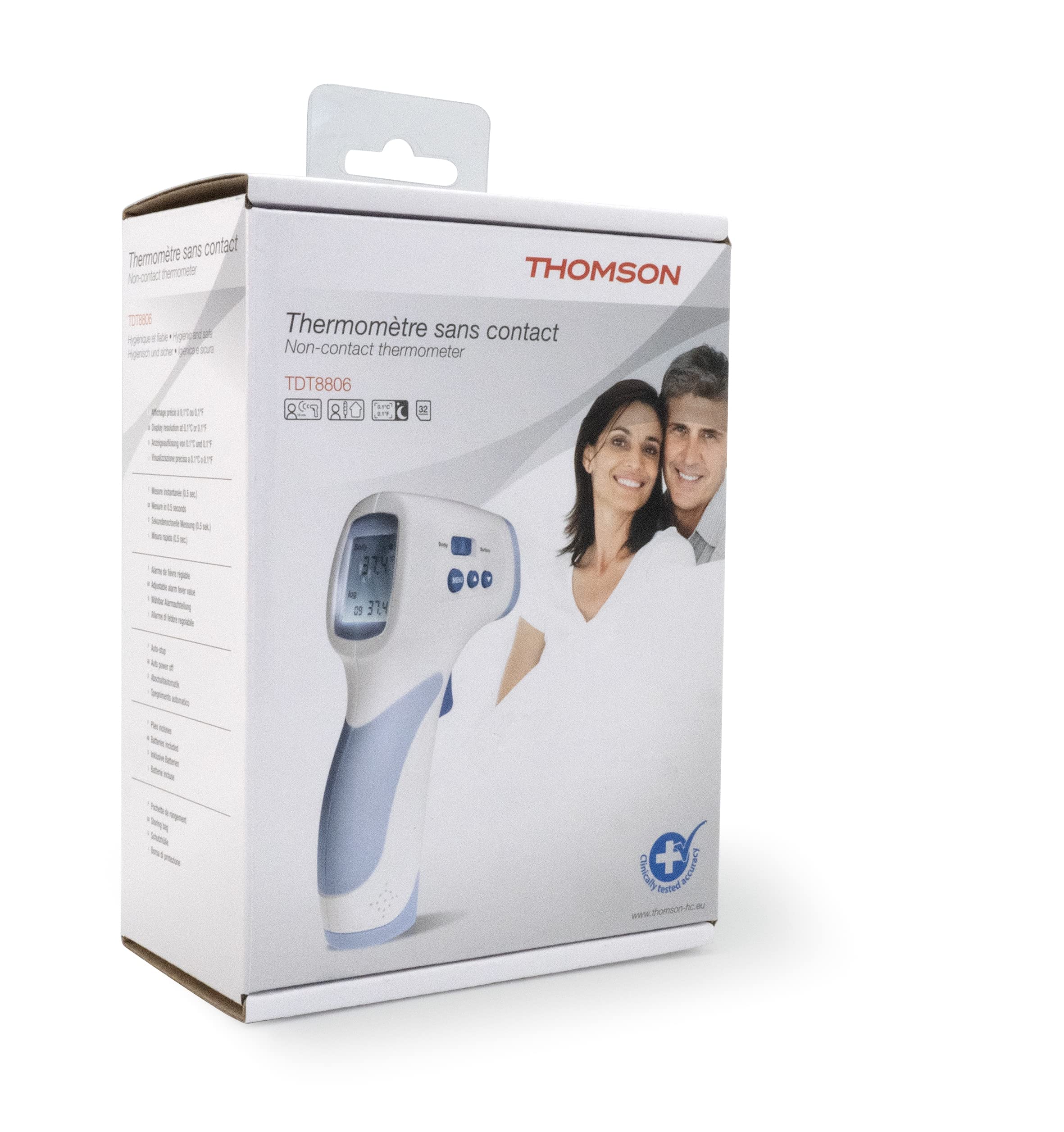 THOMSON Thermomètre sans Contact TDT 8806 - Mesure en 1 Sec. jusqu'à 15 cm du Front - Étalonnage Optionnel - Idéal pour mesurer la Température des Liquides/de la Pièce