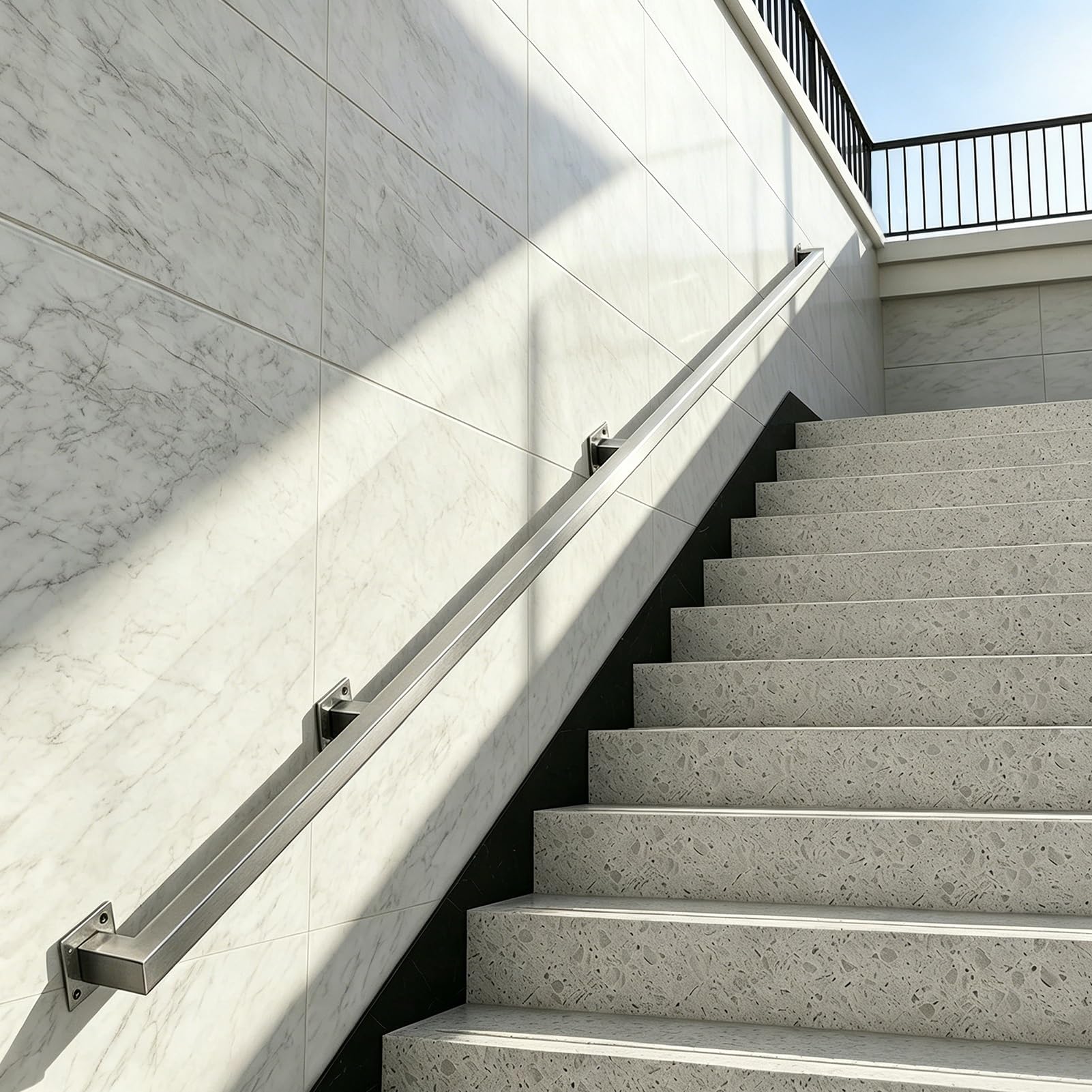 Hamankim One Color Industrial Metal Stairs Handrail Kit, 1M/2.8M/3M/3.5M/4M/4.2M Brushed Stainless Steel Square Tube Banister Non-Slip Railing For Terraces Balconies Windows Porch - Silver(11Ft/3.3M)