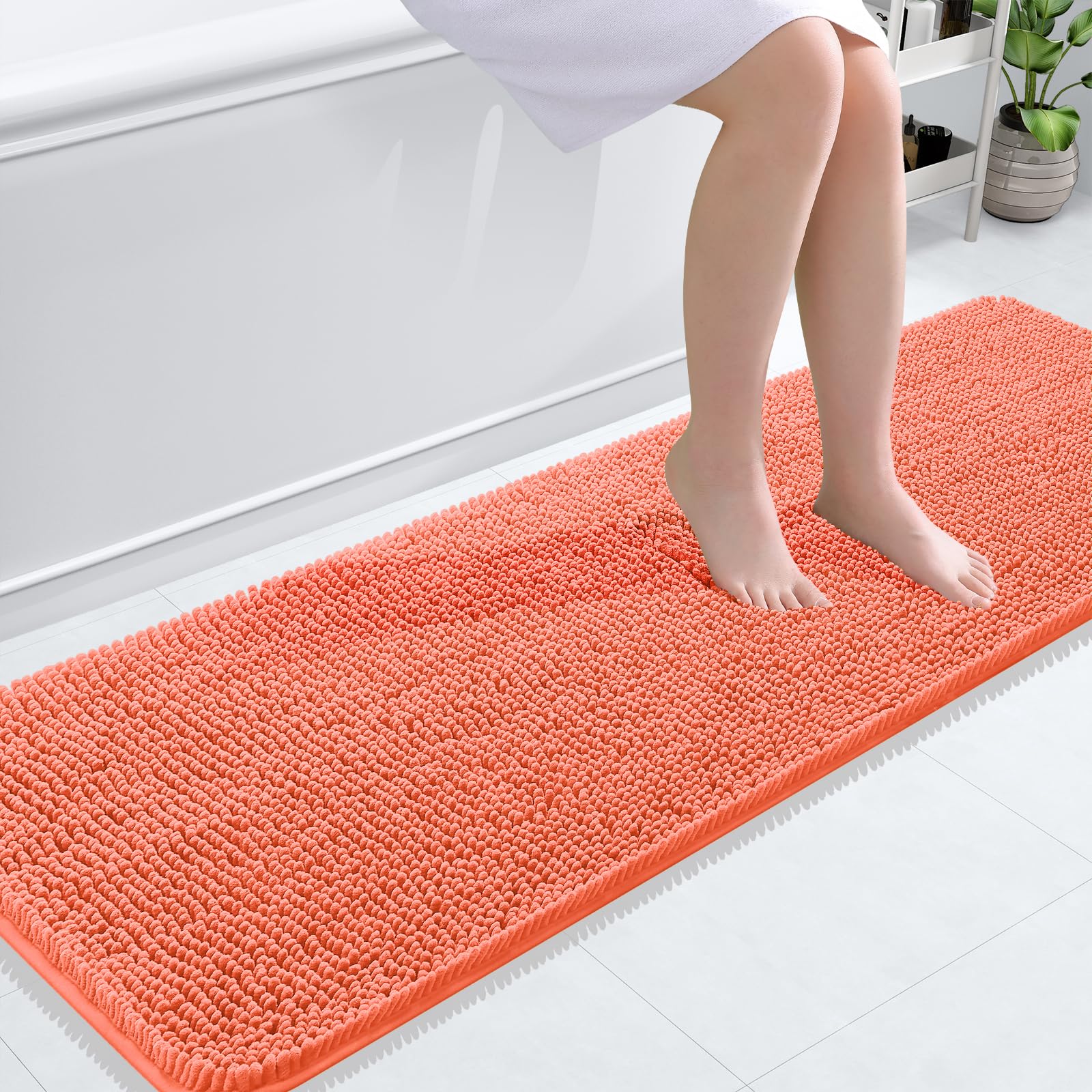 OLANLY Bathroom Runner Rugs 59x20, Extra Soft Absorbent Chenille Bath Rugs | Coral, Quick-Drying Rubber Backing, Machine Washable Long Bath Mat for Bathroom Floor, Tub and Shower, Home Decor Accessories